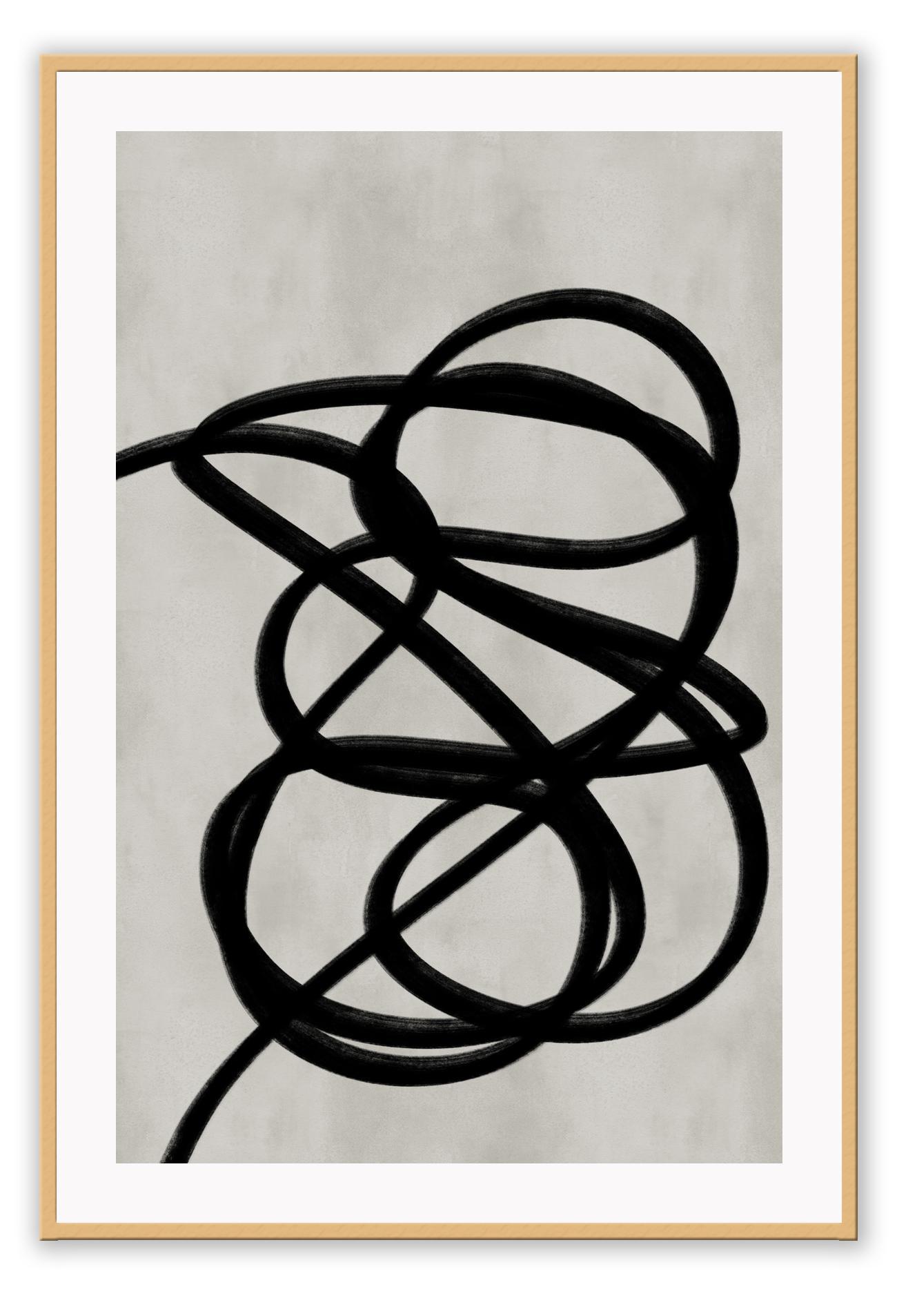 Abstract minimal portrait landscape print with black sqiggle and grey textured background 