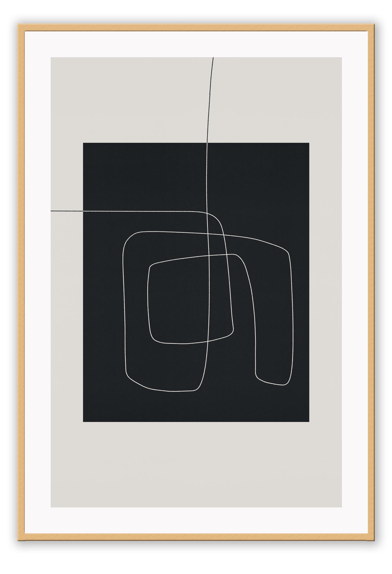 Abstract minimal print with black rectangle in middle with small white line on beige background with neutral tones 