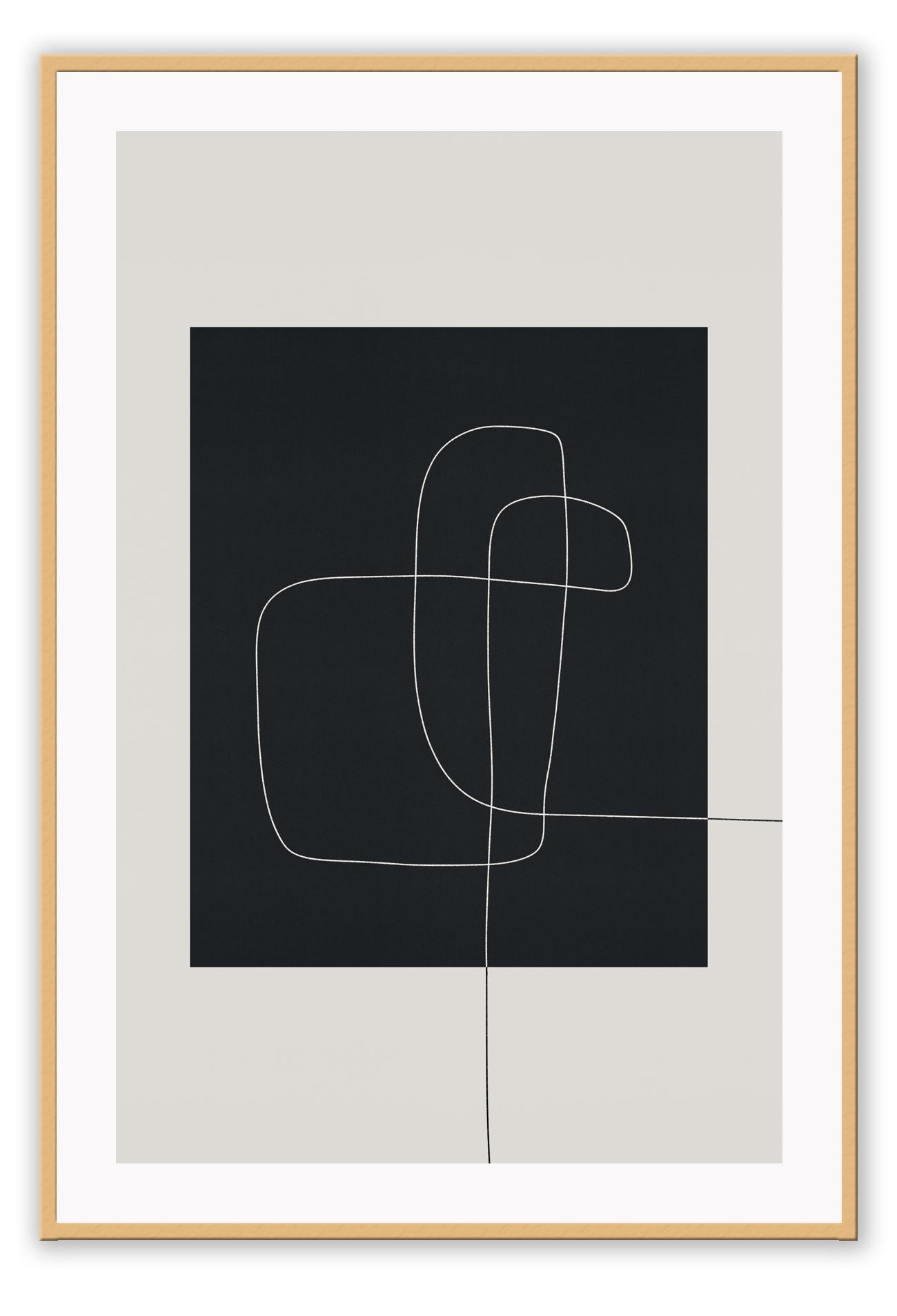 Abstract minimal print with black rectangle in middle with small white line on beige background with neutral tones 