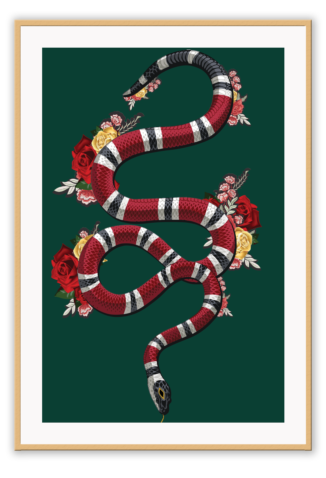 Fashion print with the red, black, green, and white Gucci snake on a green background with flowers surrounding. 