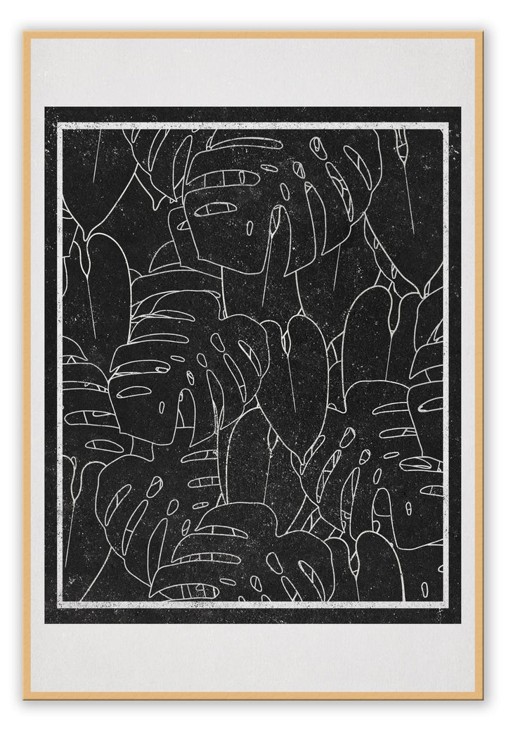 Modern scandi style print with white outlines of monstera leaves on a black background surrounded by a cream border.