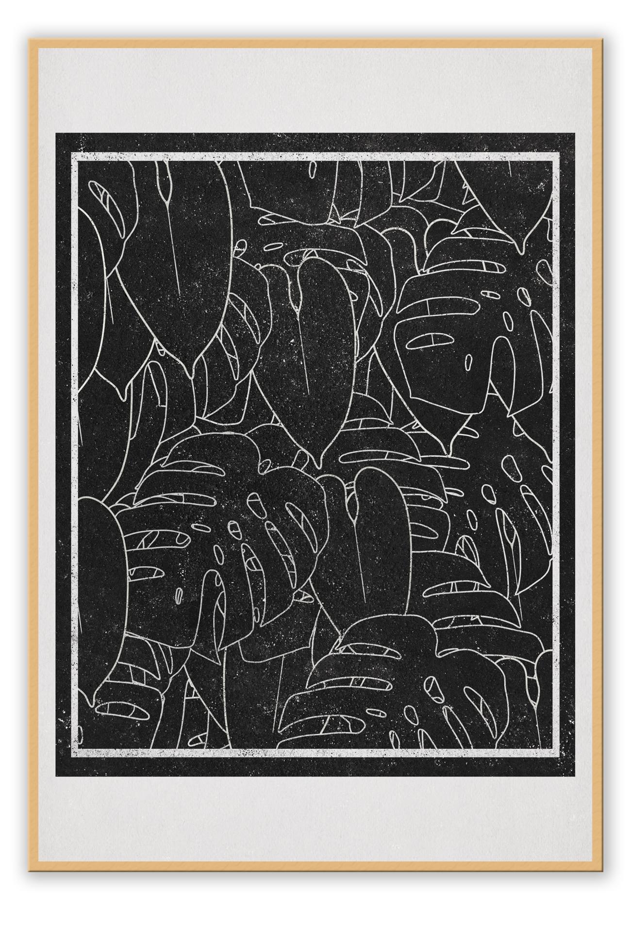 Modern scandi style print with white outlines of monstera leaves on a black background surrounded by a cream border.