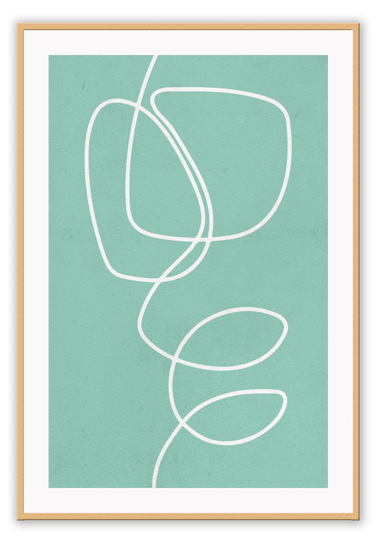 Abstract minimal print with turquoise background and white sqiggle portrait 