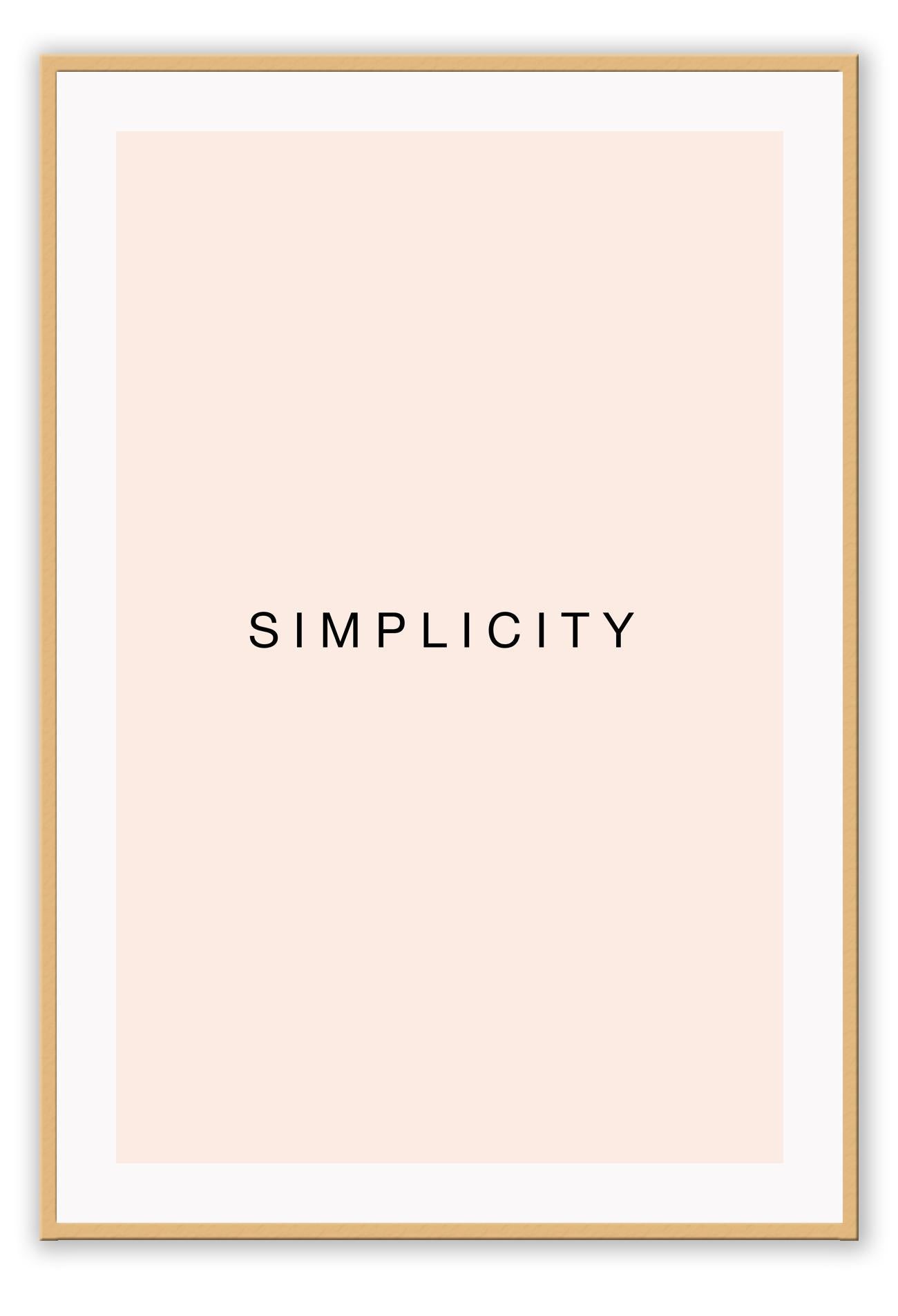 Minimal scandi art portrait of word simplicity word black text on blush rose pink background.