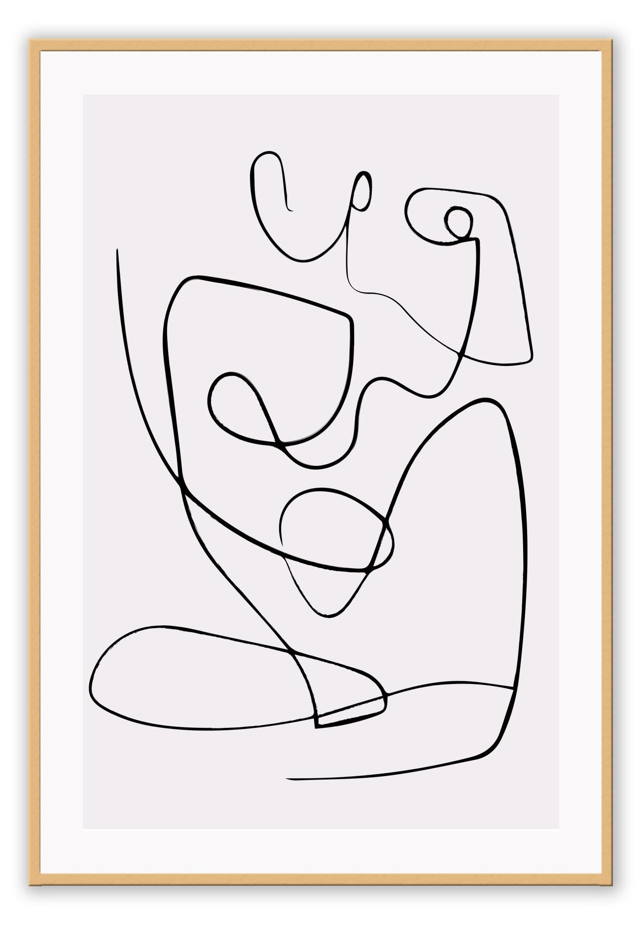 Line art print with black line creating female silhouette on a light pink background 