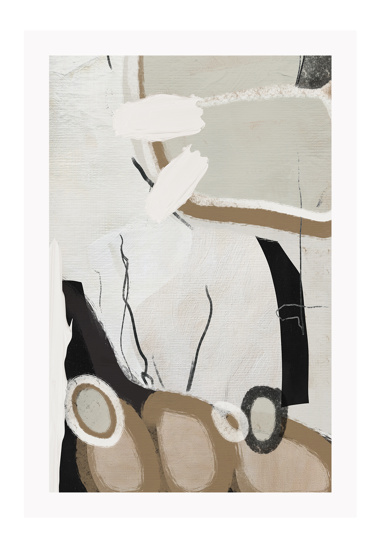 Abstract style print with random round shapes, blocks and lines in beige, black, grey and white tones on a grey background.