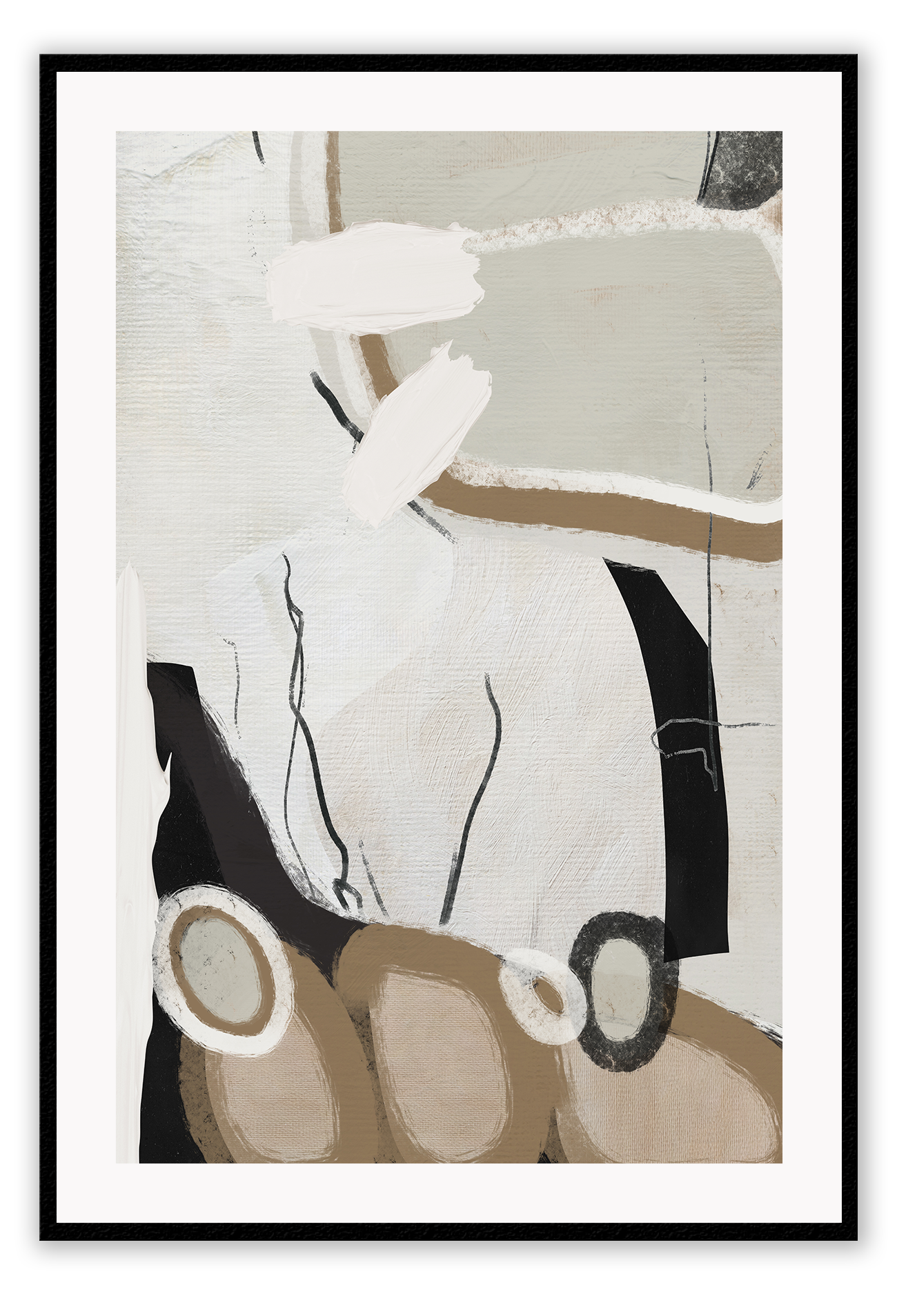 Abstract style print with random round shapes, blocks and lines in beige, black, grey and white tones on a grey background.