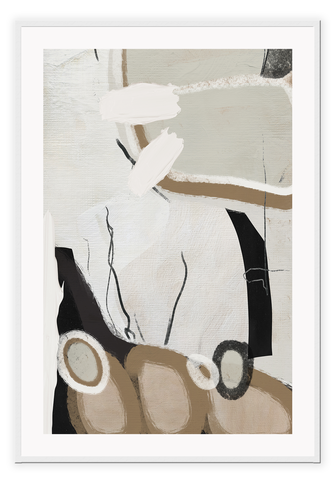 Abstract style print with random round shapes, blocks and lines in beige, black, grey and white tones on a grey background.