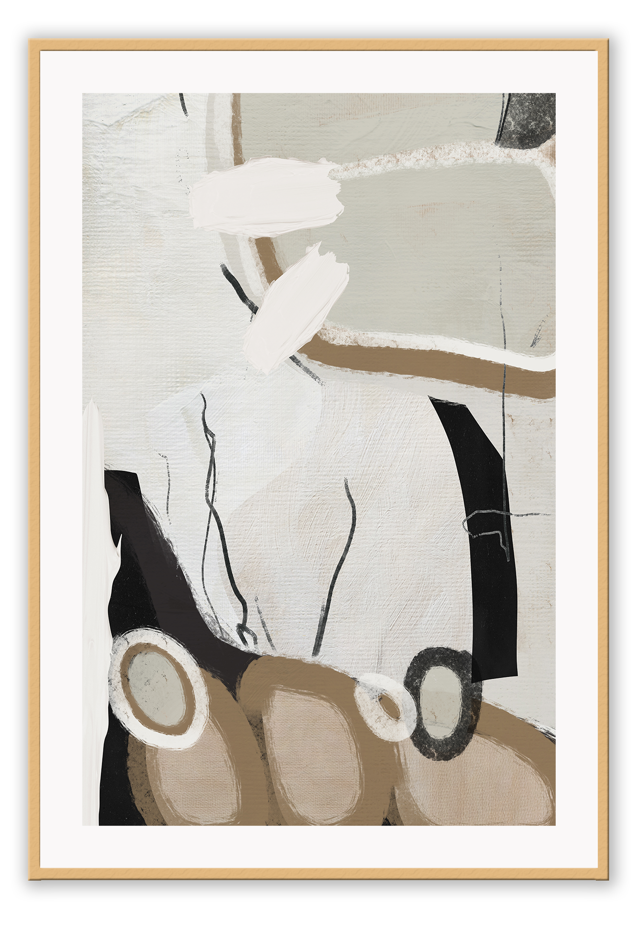 Abstract style print with random round shapes, blocks and lines in beige, black, grey and white tones on a grey background.