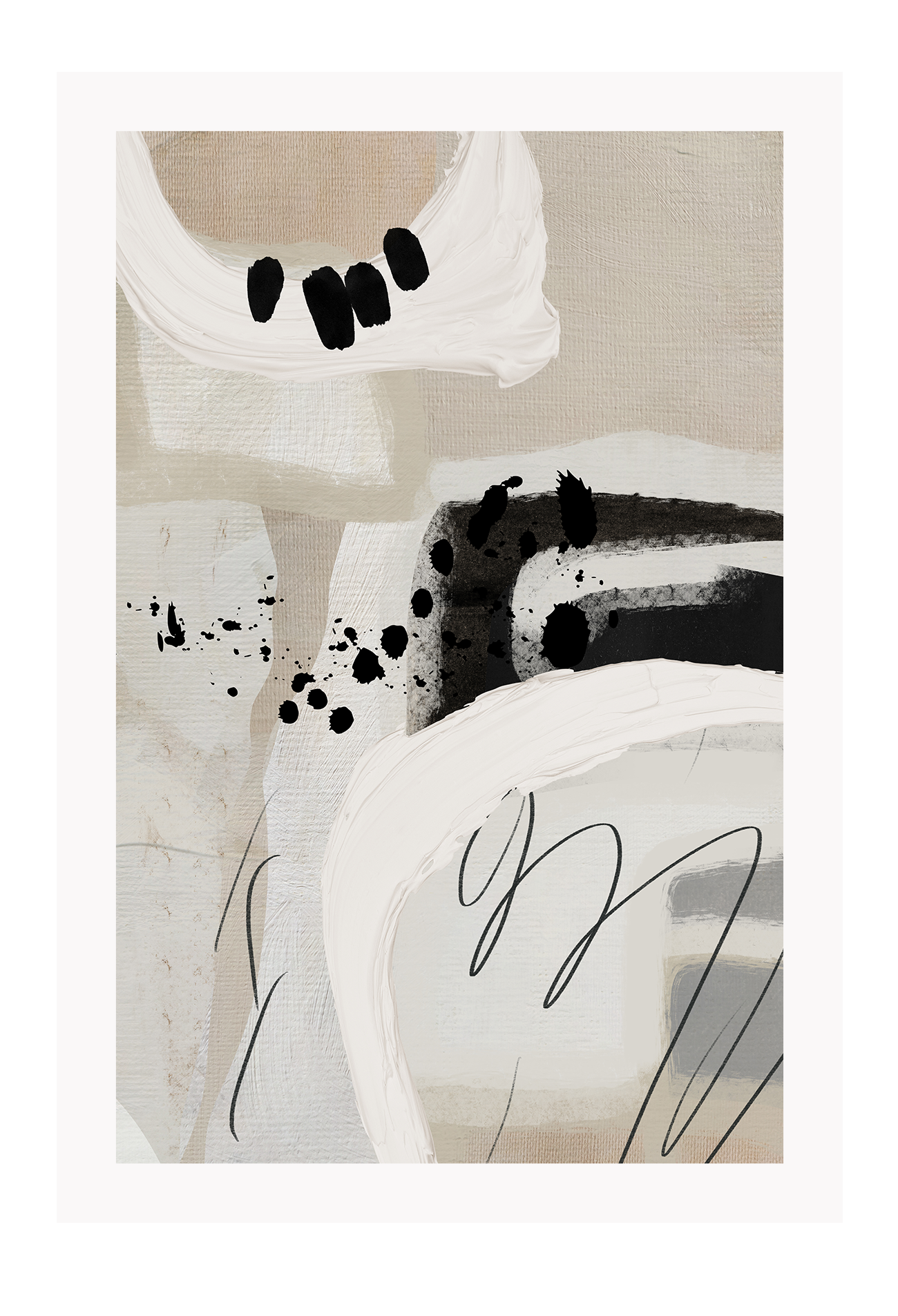 Abstract style print with random round shapes, blocks and lines in beige, black, grey and white tones on a grey background.