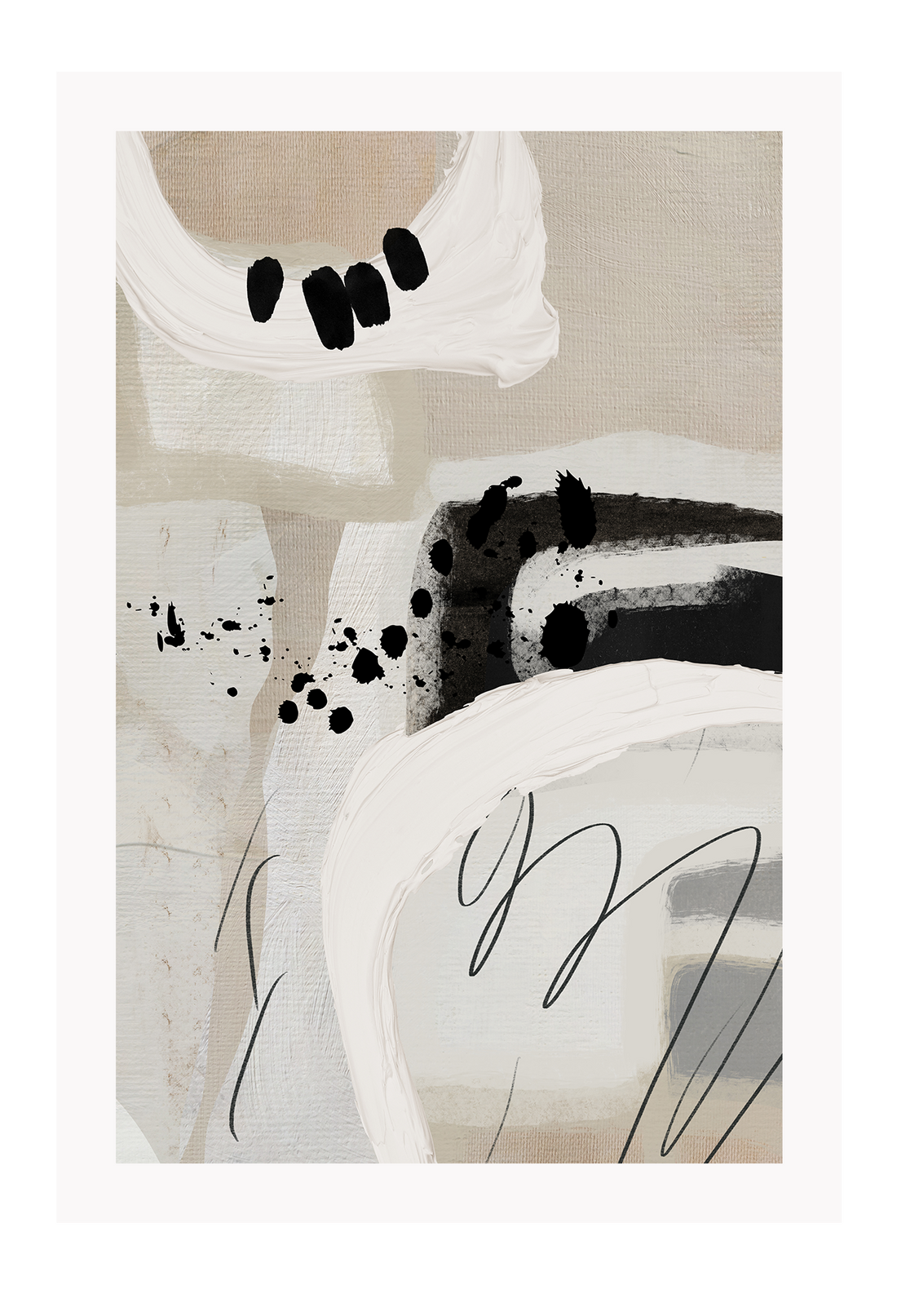 Abstract style print with random round shapes, blocks and lines in beige, black, grey and white tones on a grey background.