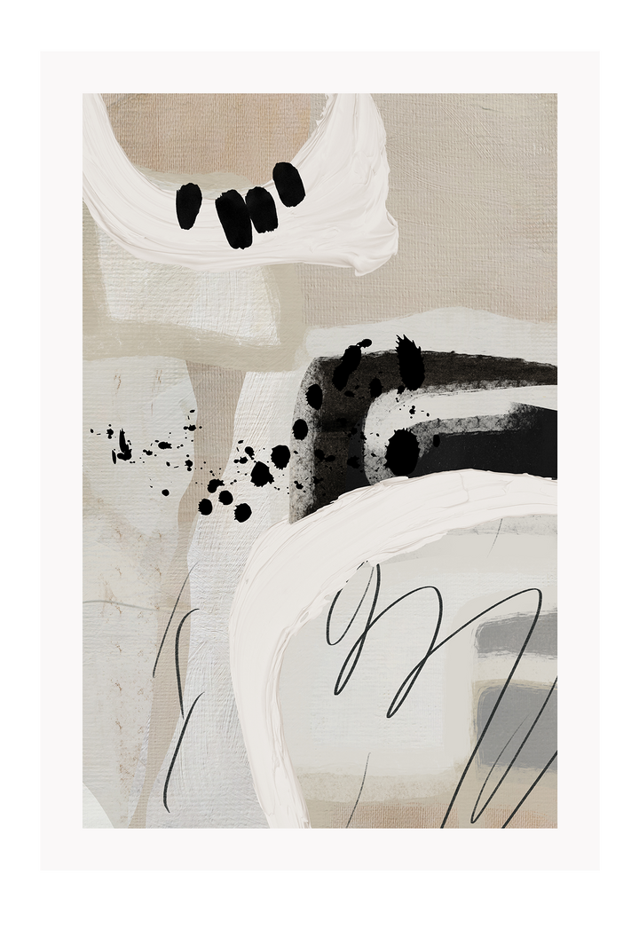 Abstract style print with random round shapes, blocks and lines in beige, black, grey and white tones on a grey background.