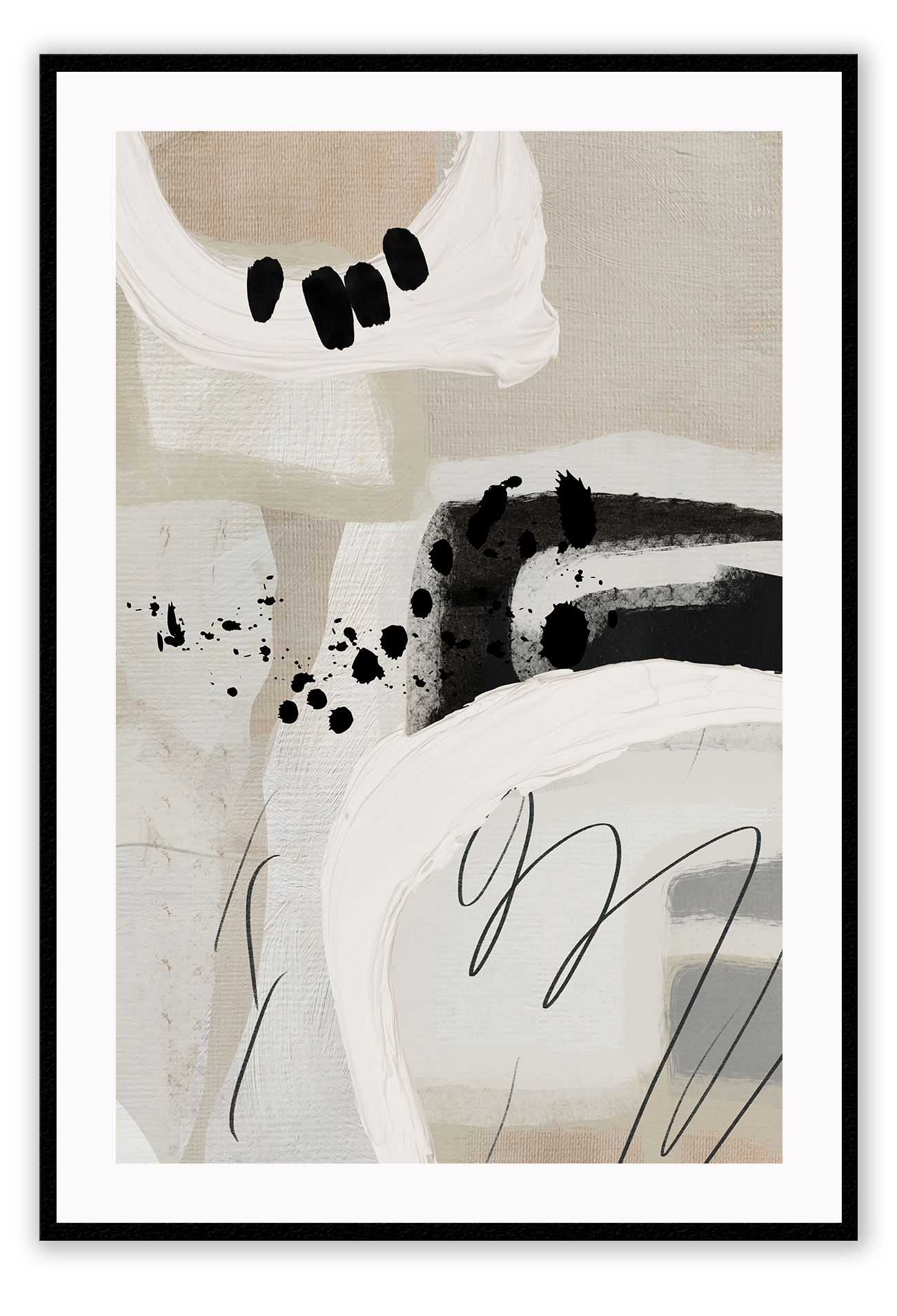 Abstract style print with random round shapes, blocks and lines in beige, black, grey and white tones on a grey background.