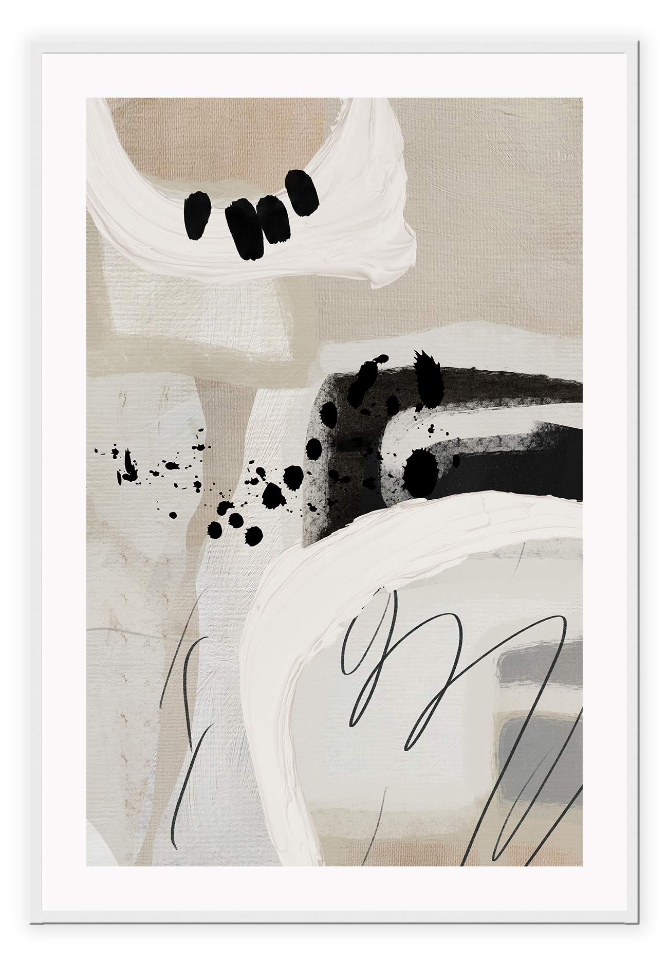 Abstract style print with random round shapes, blocks and lines in beige, black, grey and white tones on a grey background.