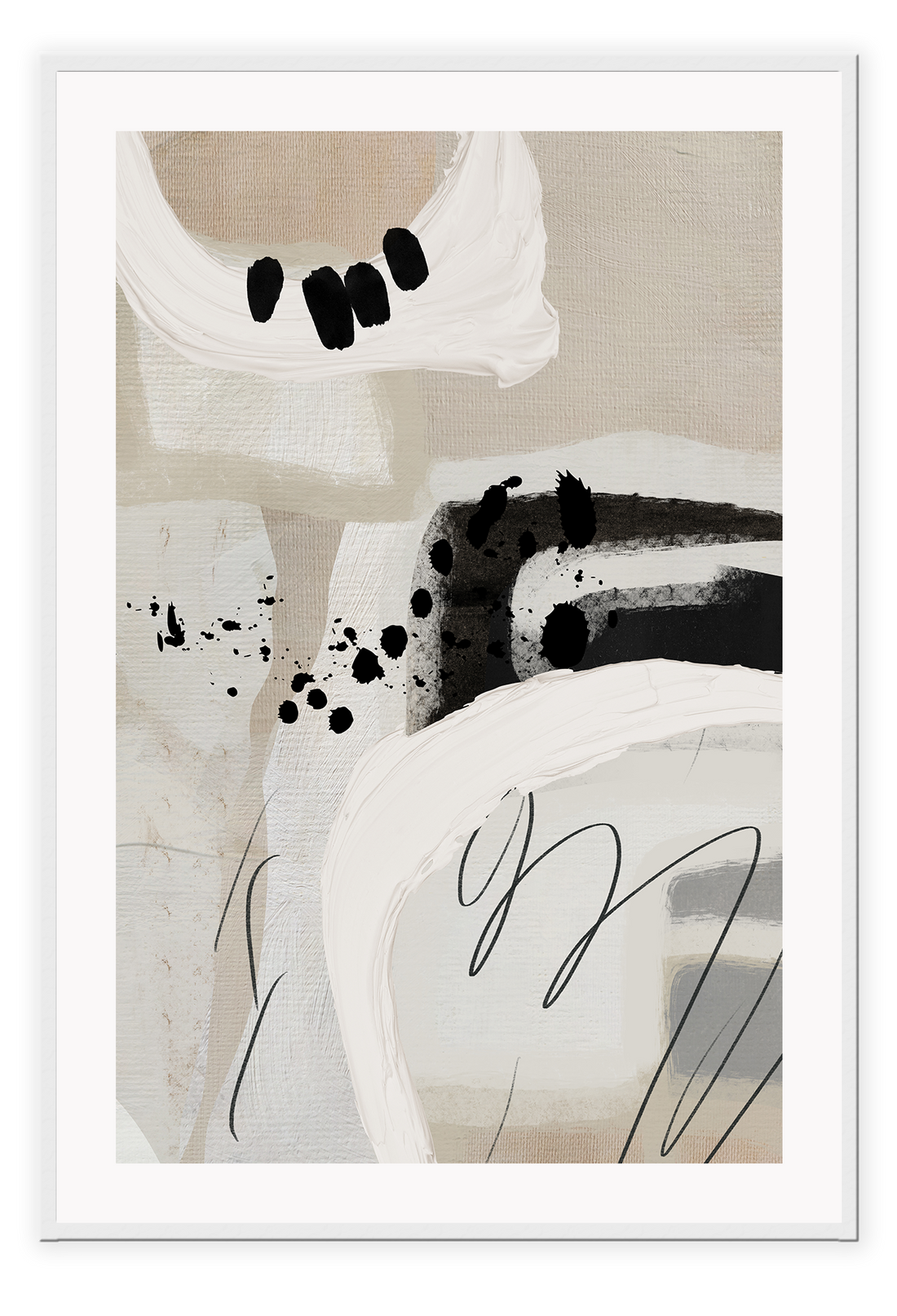 Abstract style print with random round shapes, blocks and lines in beige, black, grey and white tones on a grey background.