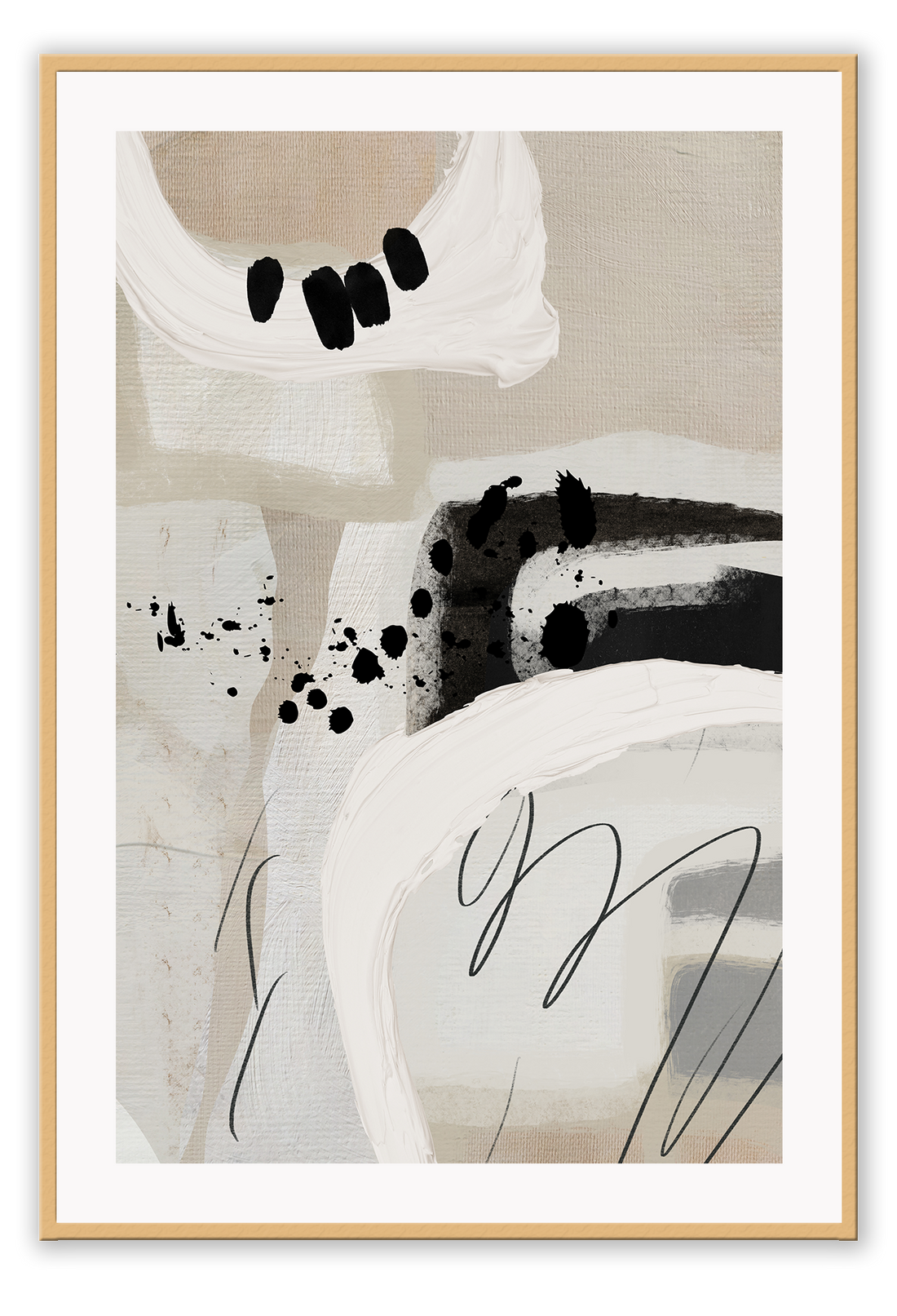 Abstract style print with random round shapes, blocks and lines in beige, black, grey and white tones on a grey background.