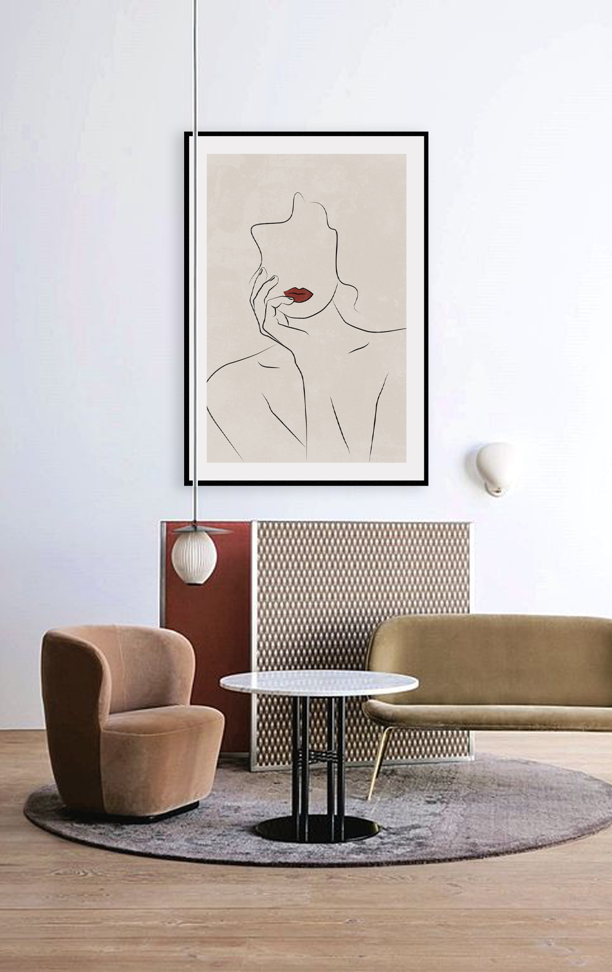 Portrait line art print woman outline black nude red lips beige textured background