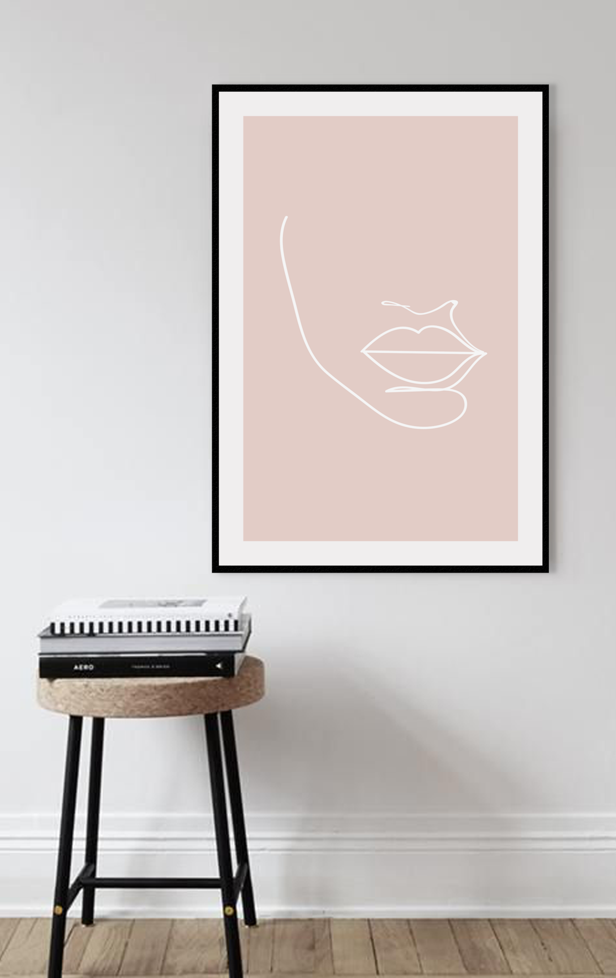 Line art print pink background and white line forming a face minimal 