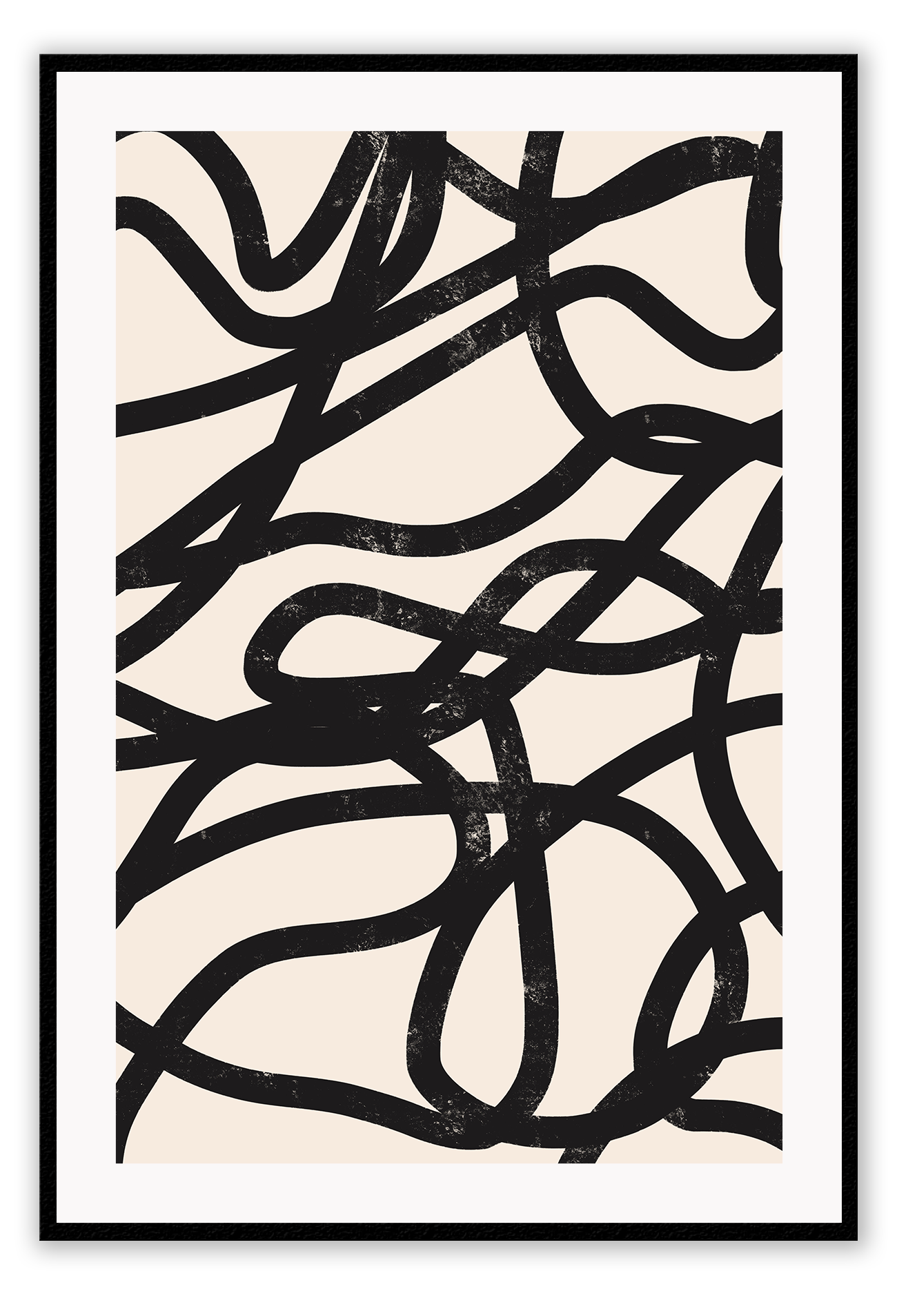 Abstract art print of several black squiggly lines in brushstroke texture on a plain beige background.