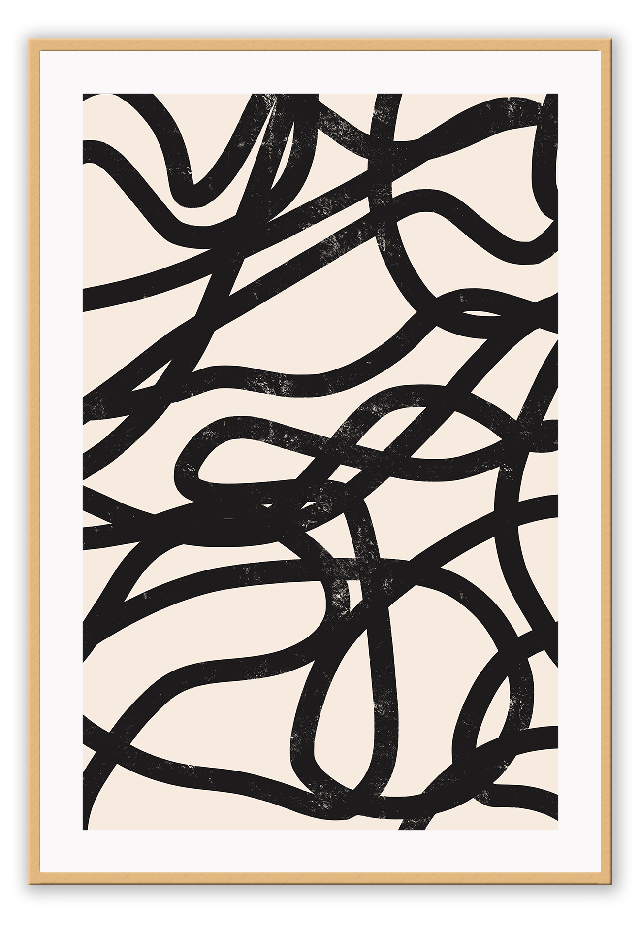 Abstract art print of several black squiggly lines in brushstroke texture on a plain beige background.