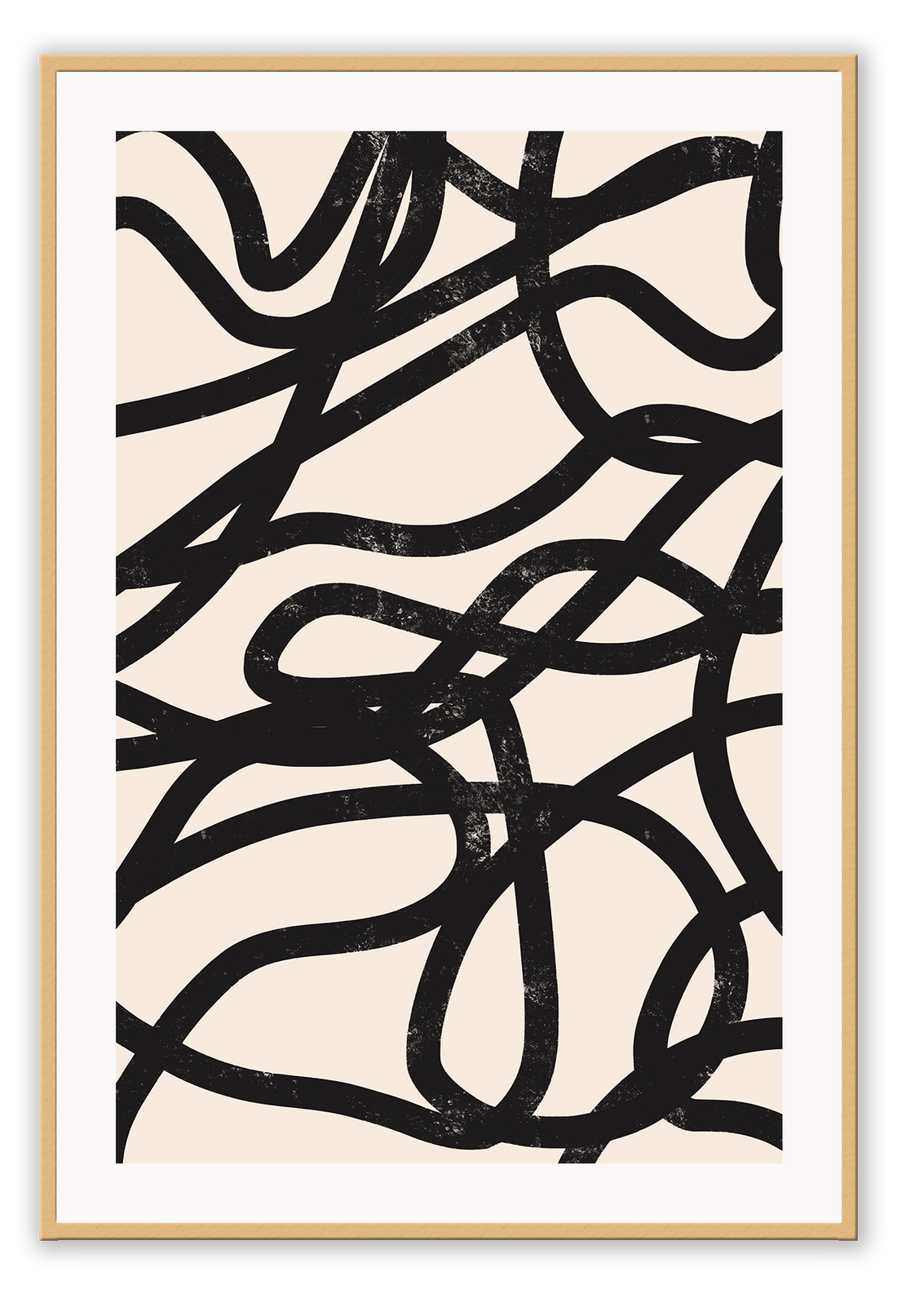 Abstract art print of several black squiggly lines in brushstroke texture on a plain beige background.