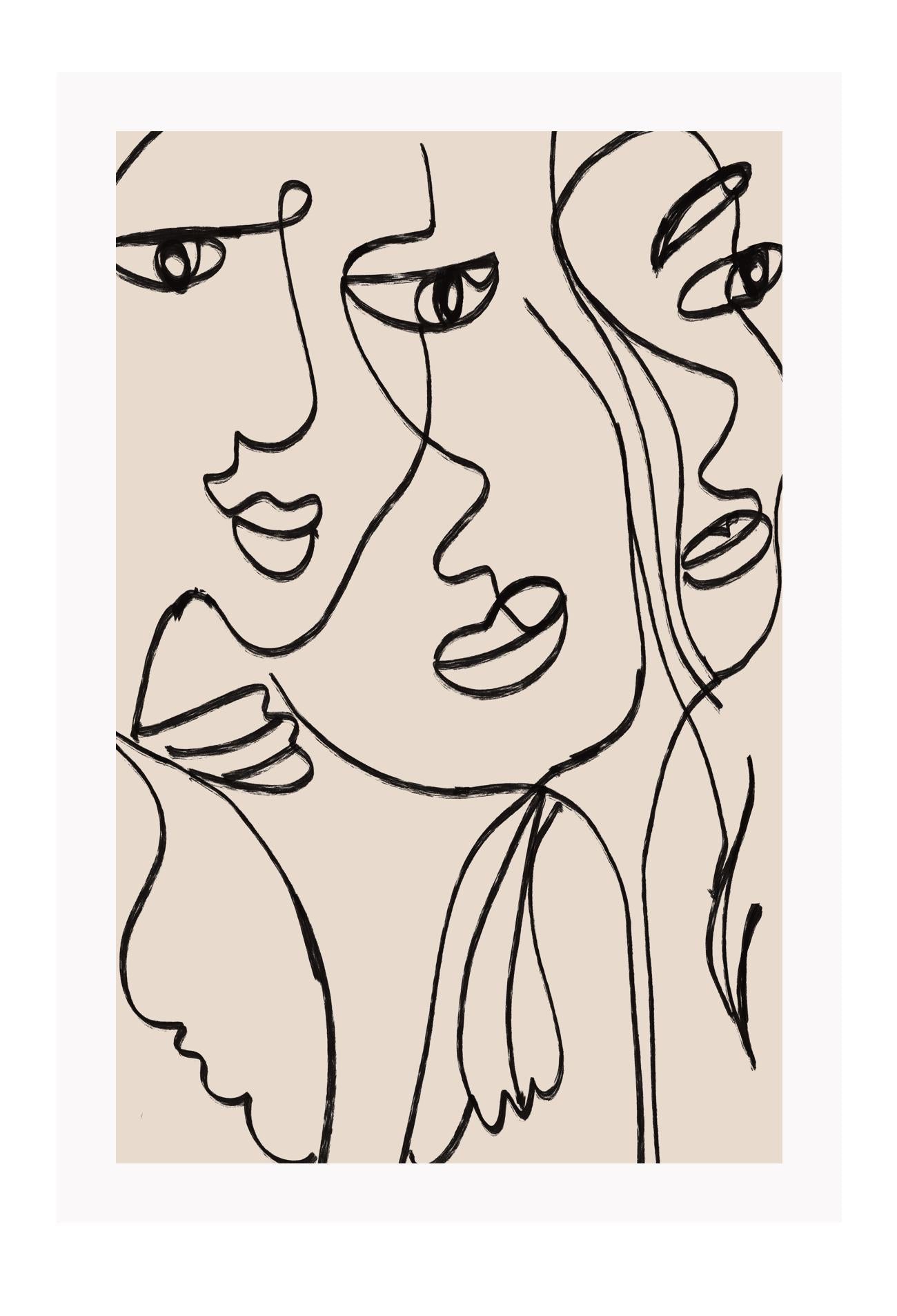 Line art print portrait with abstract faces in black with beige background 
