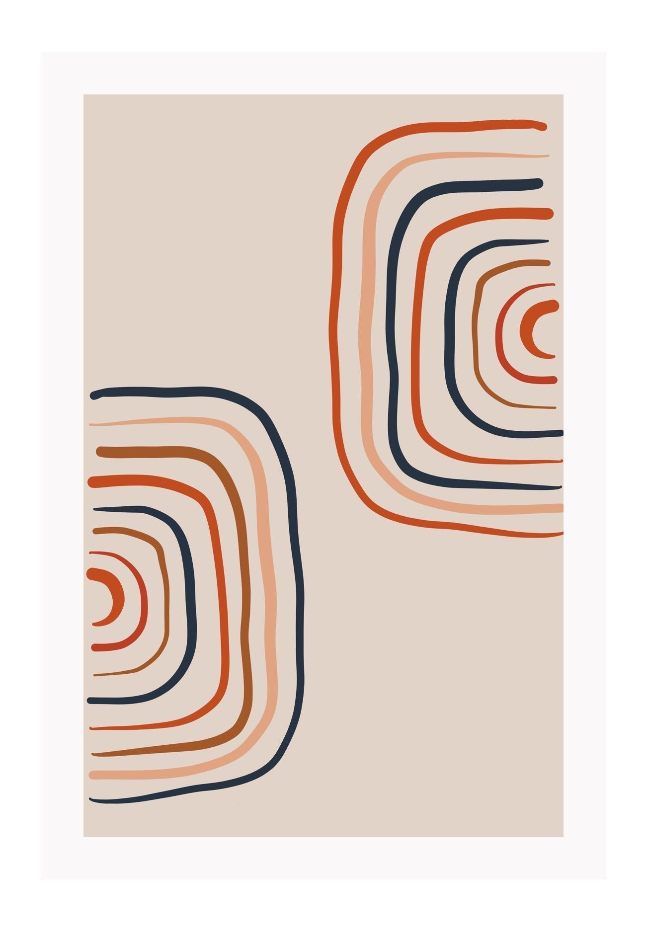 Abstract line art print with red blue and beige colours on plain background in curved shapes 