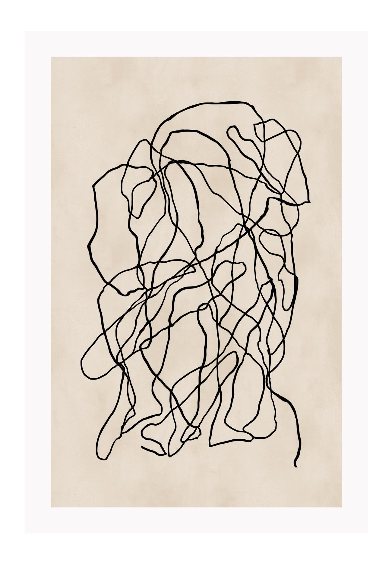 Minimal abstract modern portrait landscape print style small black squiggle lines overlapping cream beige background.