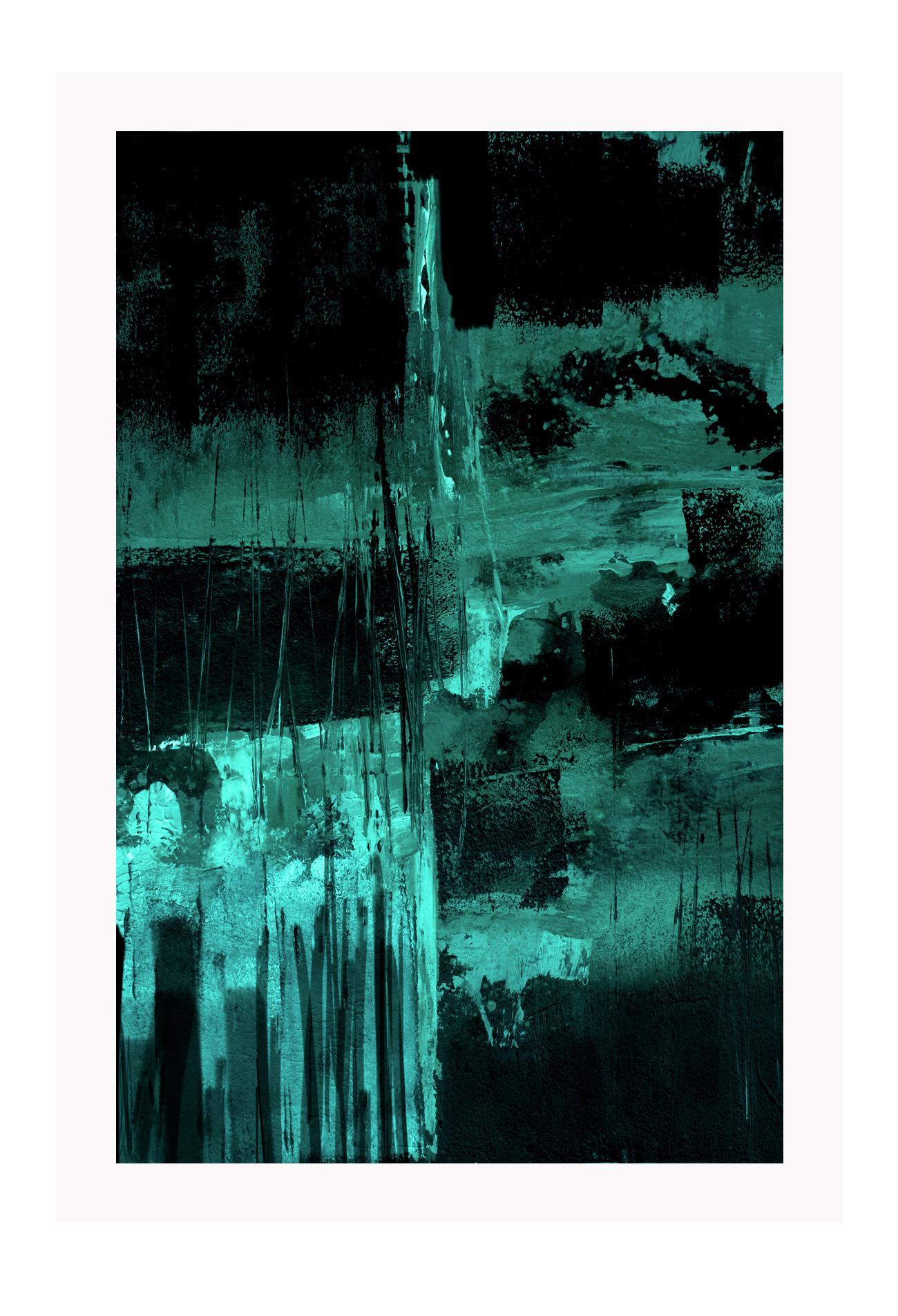 Emerald green abstract print with black background and silver tones in minimal moody style 