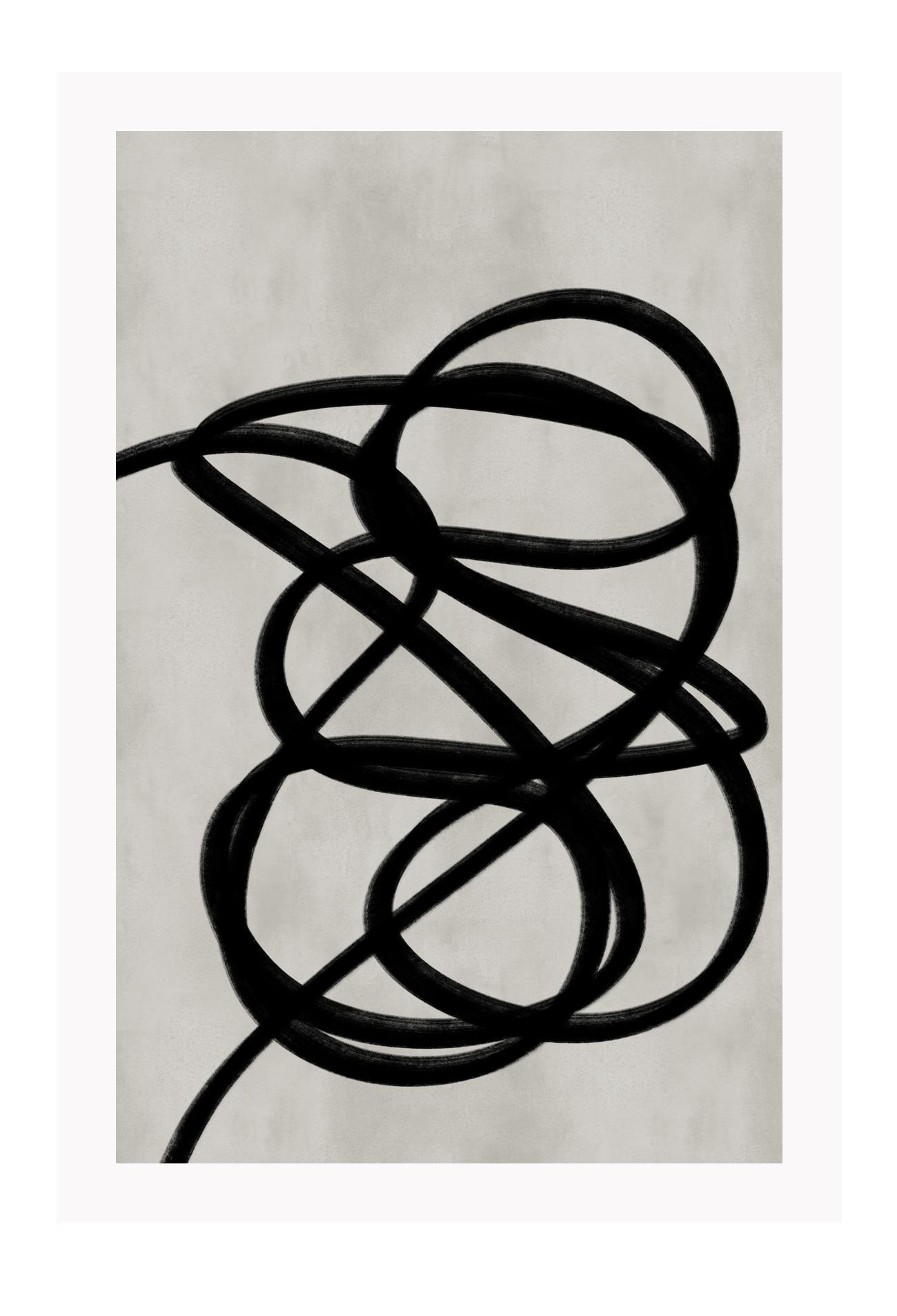 Abstract minimal portrait landscape print with black sqiggle and grey textured background 