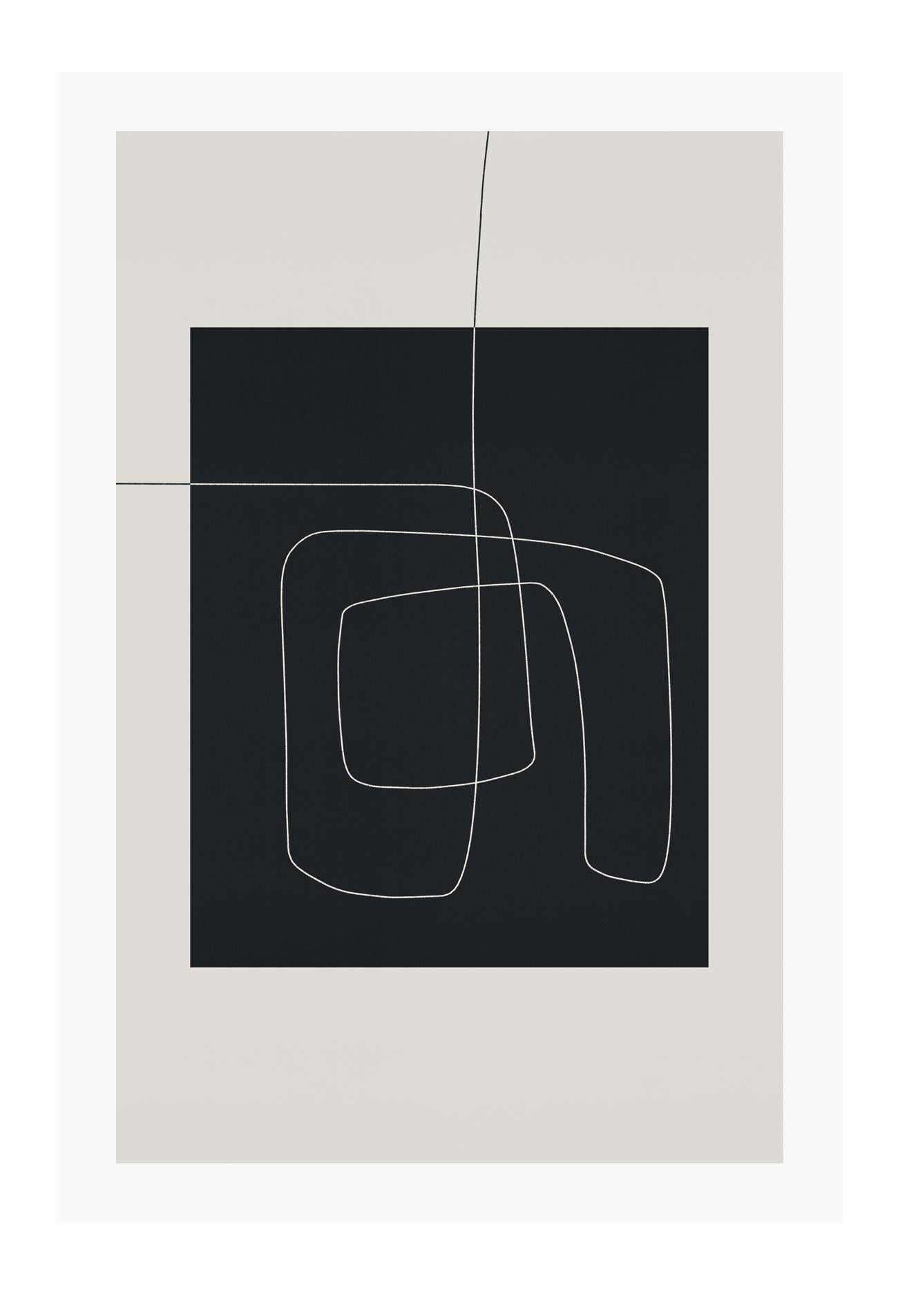 Abstract minimal print with black rectangle in middle with small white line on beige background with neutral tones 