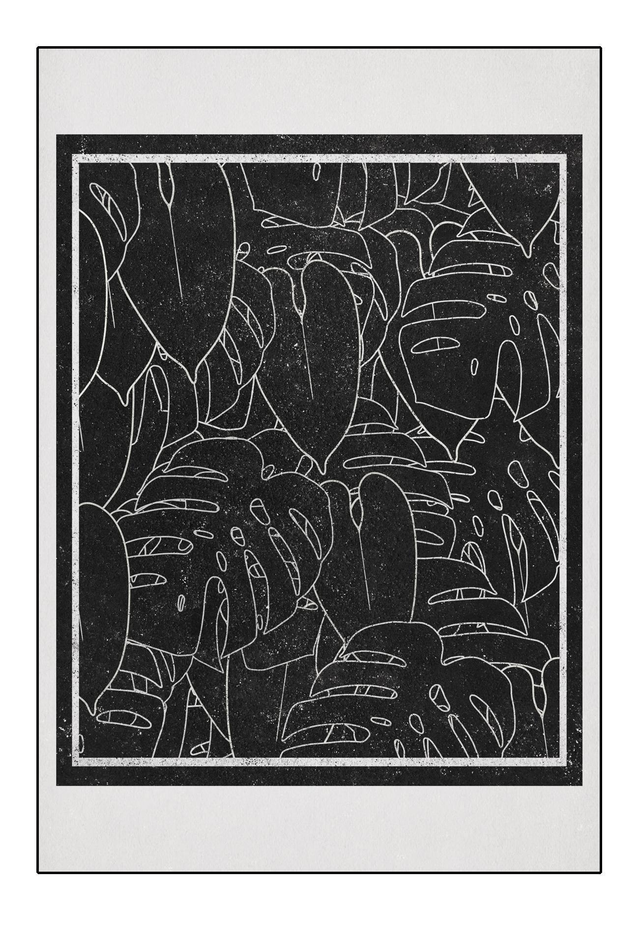 Modern scandi style print with white outlines of monstera leaves on a black background surrounded by a cream border.