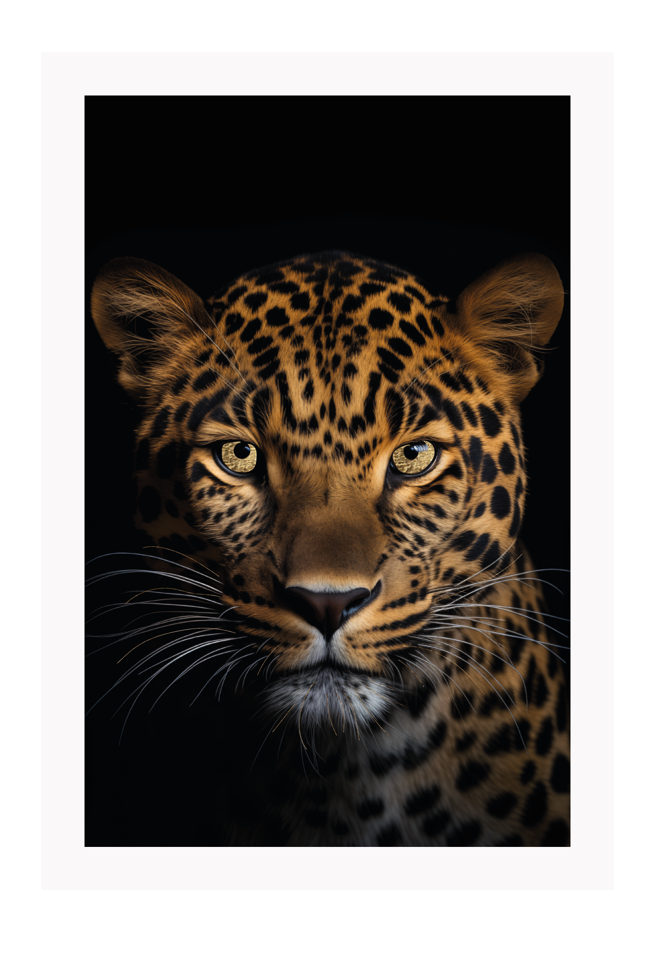 A framed print of a jaguar with a high quality custom matte black frame
