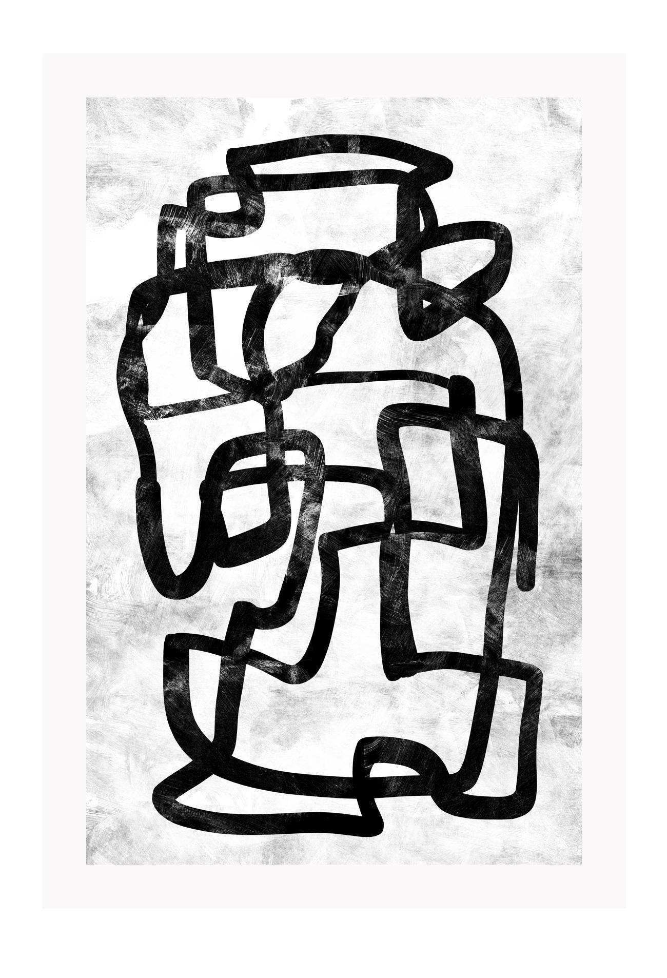 Modern abstract art print featuring a continuous black and grey squiggly line on a white textured background.