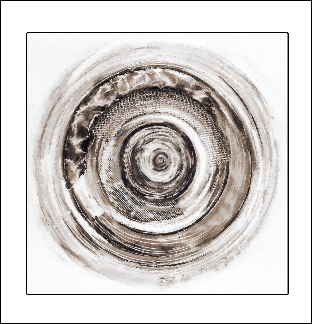 Abstract print with different sized circles in various textures and brown and black tones forming a swirl on white background