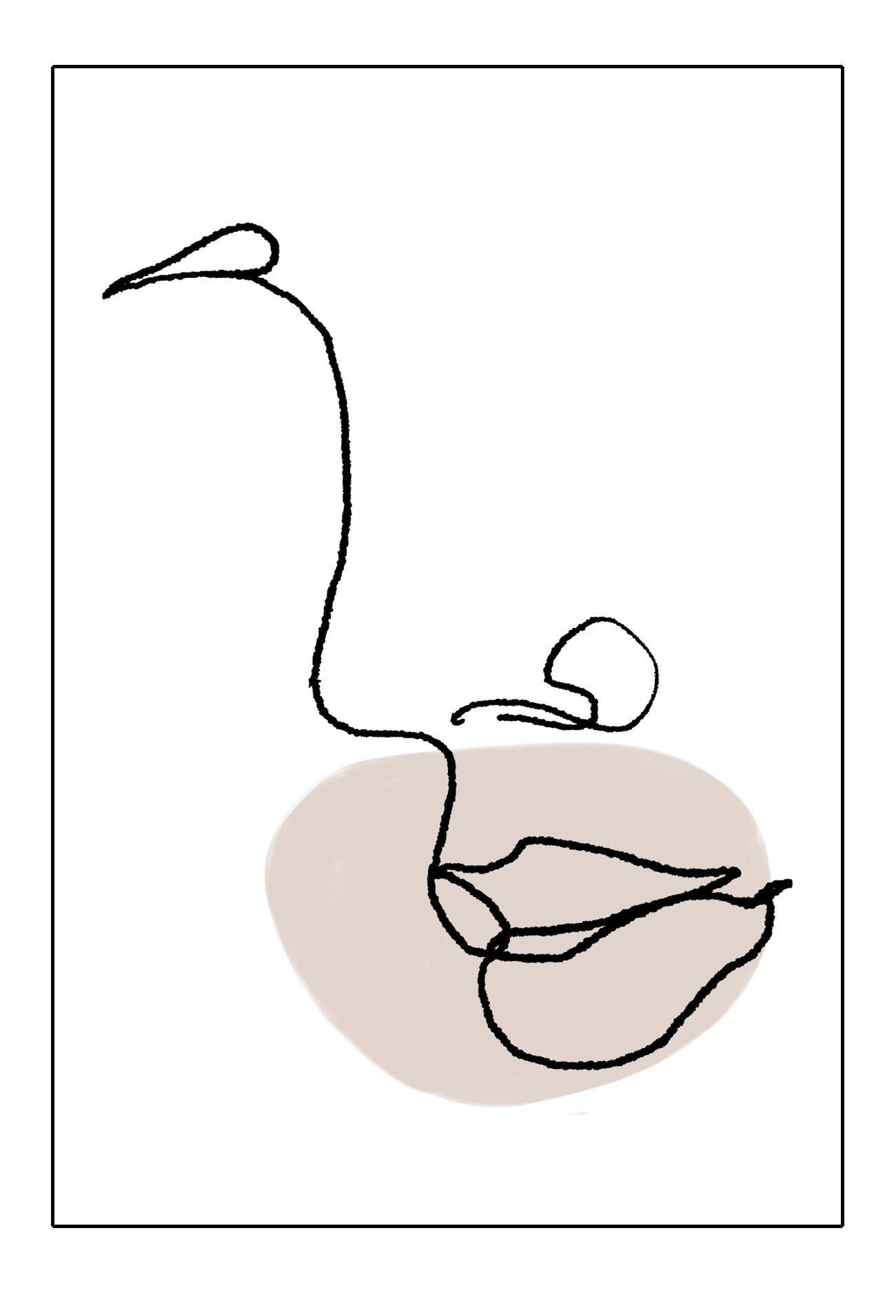 Line art abstract modern profile face white background with black outline and nude circle around lips