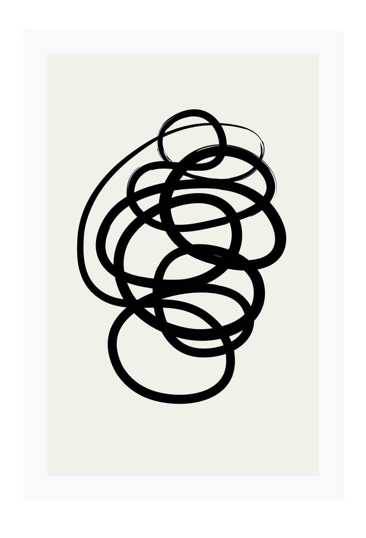 Abstract black and white squiggle print with textured black line and cream background 