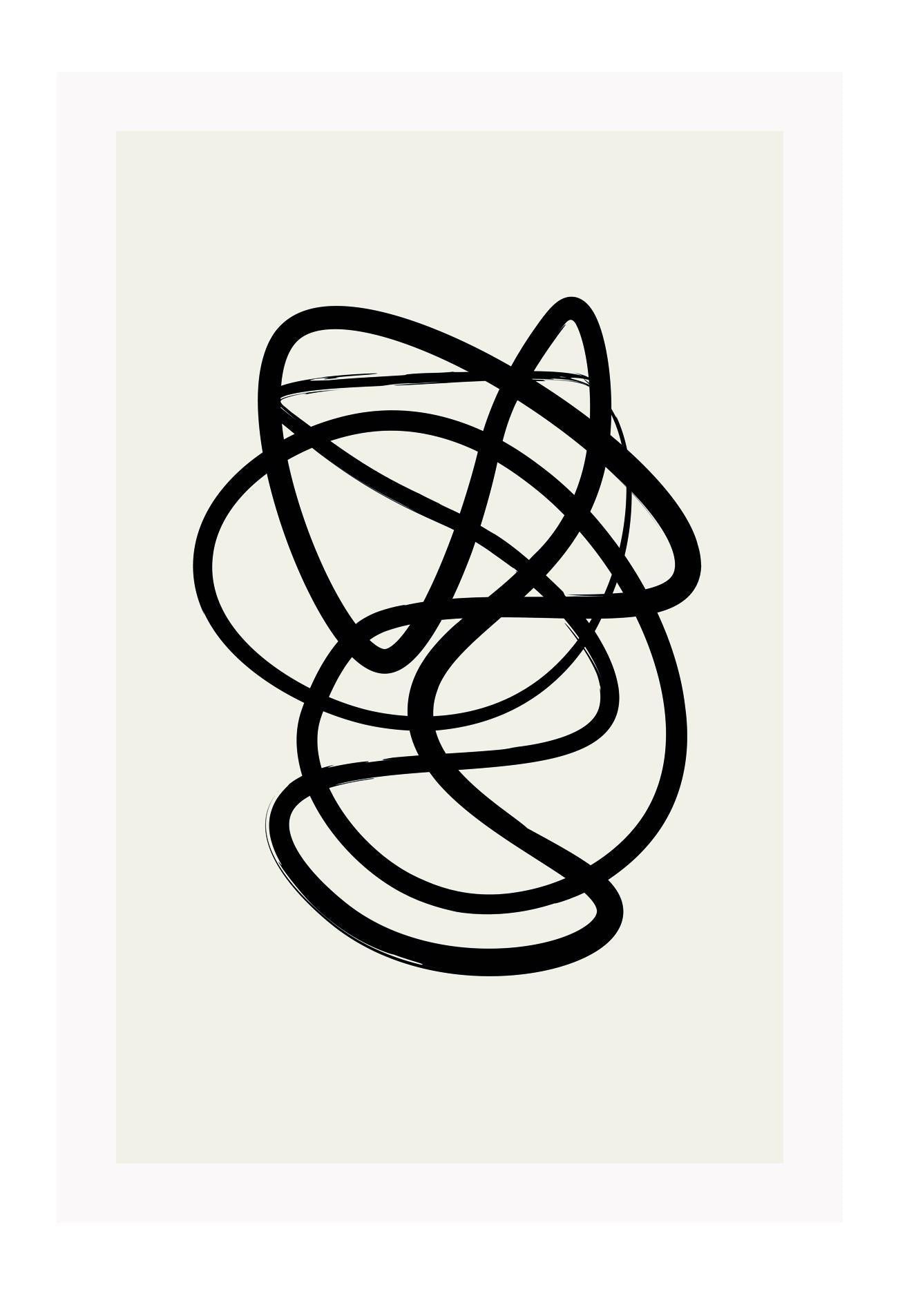 Abstract black and white squiggle print with textured black line and cream background 