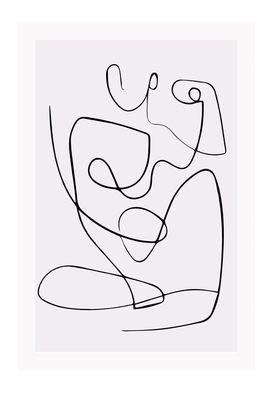 Line art print with black line creating female silhouette on a light pink background 