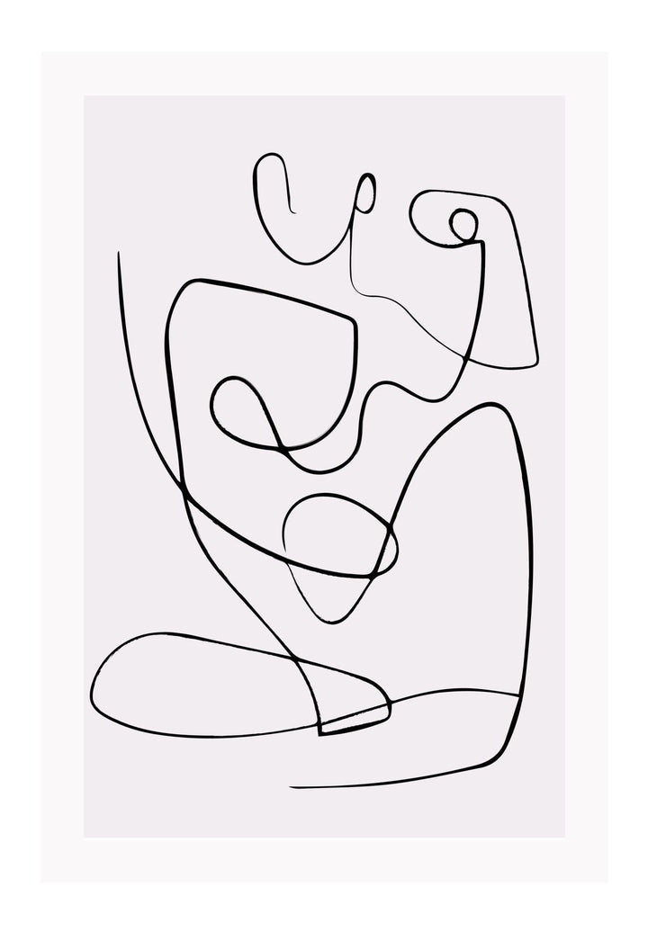 Line art print with black line creating female silhouette on a light pink background 