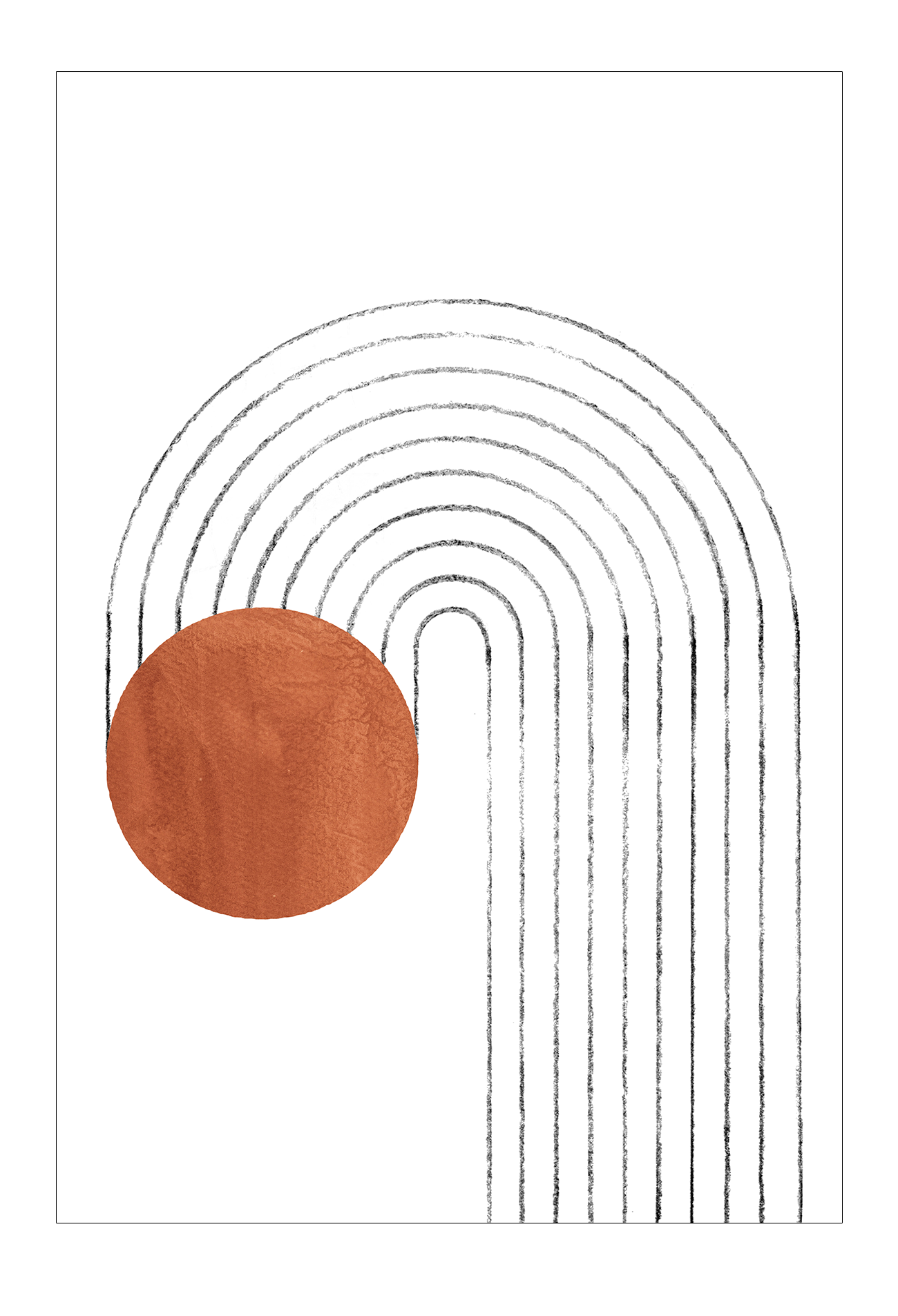 Scandi modern style print portrait landscape grey lines arch rust circle water textured white background.