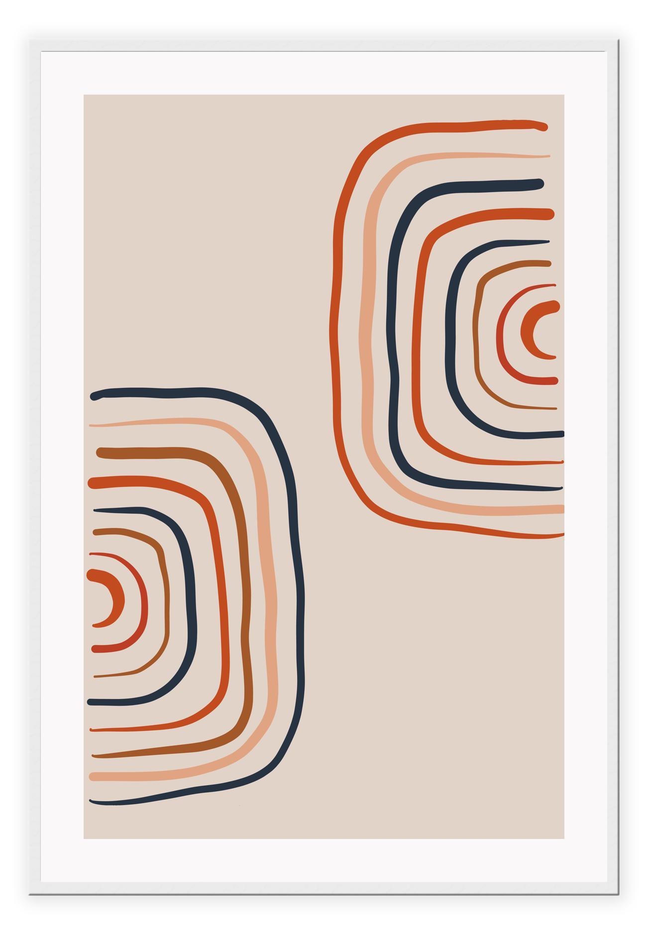 Abstract line art print with red blue and beige colours on plain background in curved shapes 