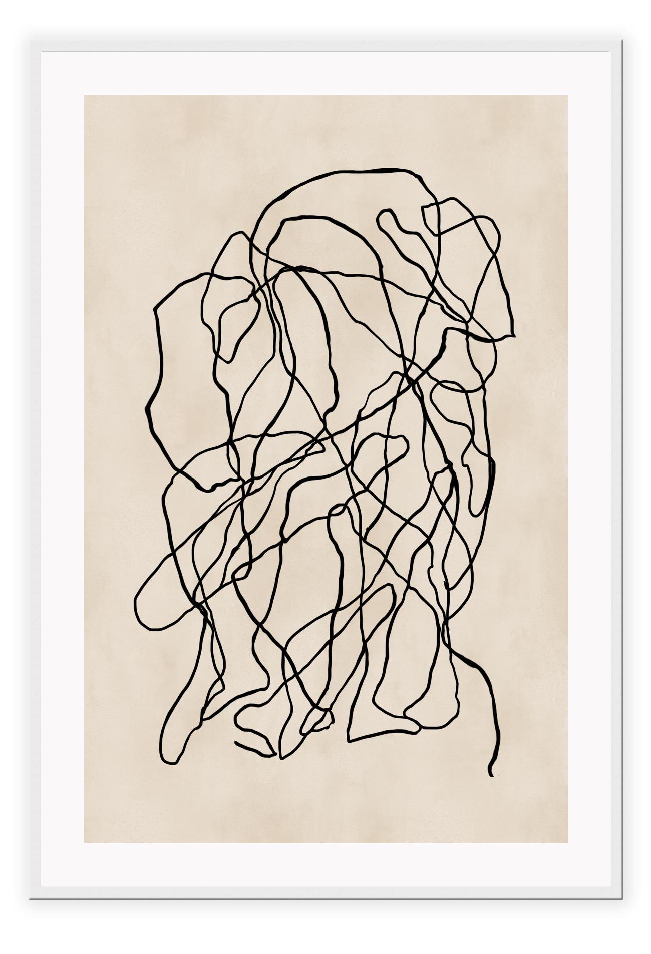 Minimal abstract modern portrait landscape print style small black squiggle lines overlapping cream beige background.
