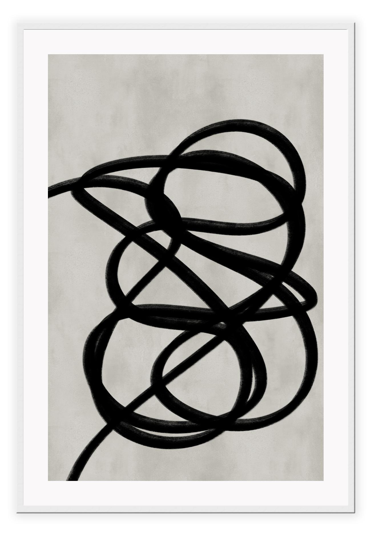 Abstract minimal portrait landscape print with black sqiggle and grey textured background 