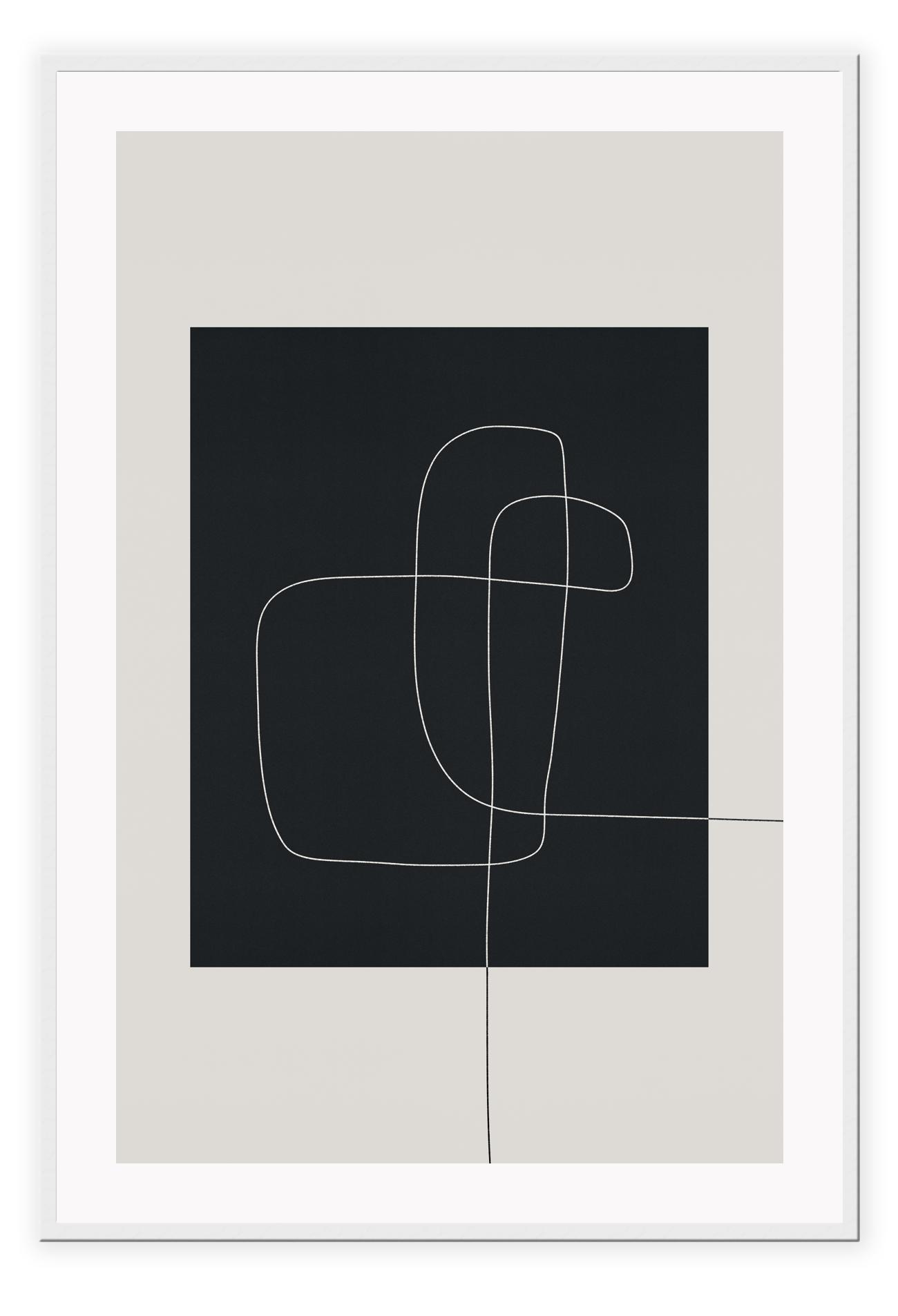 Abstract minimal print with black rectangle in middle with small white line on beige background with neutral tones 
