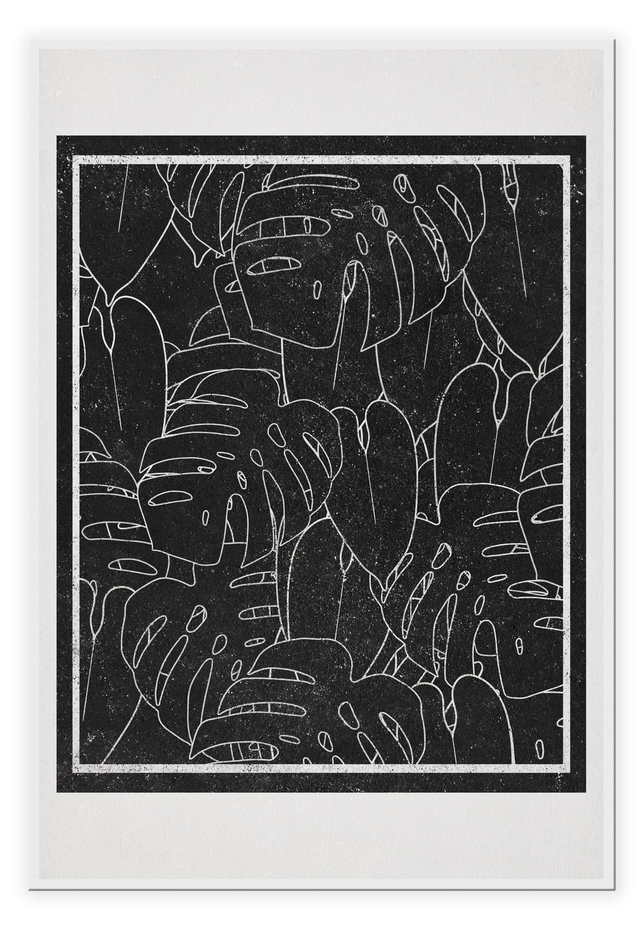 Modern scandi style print with white outlines of monstera leaves on a black background surrounded by a cream border.