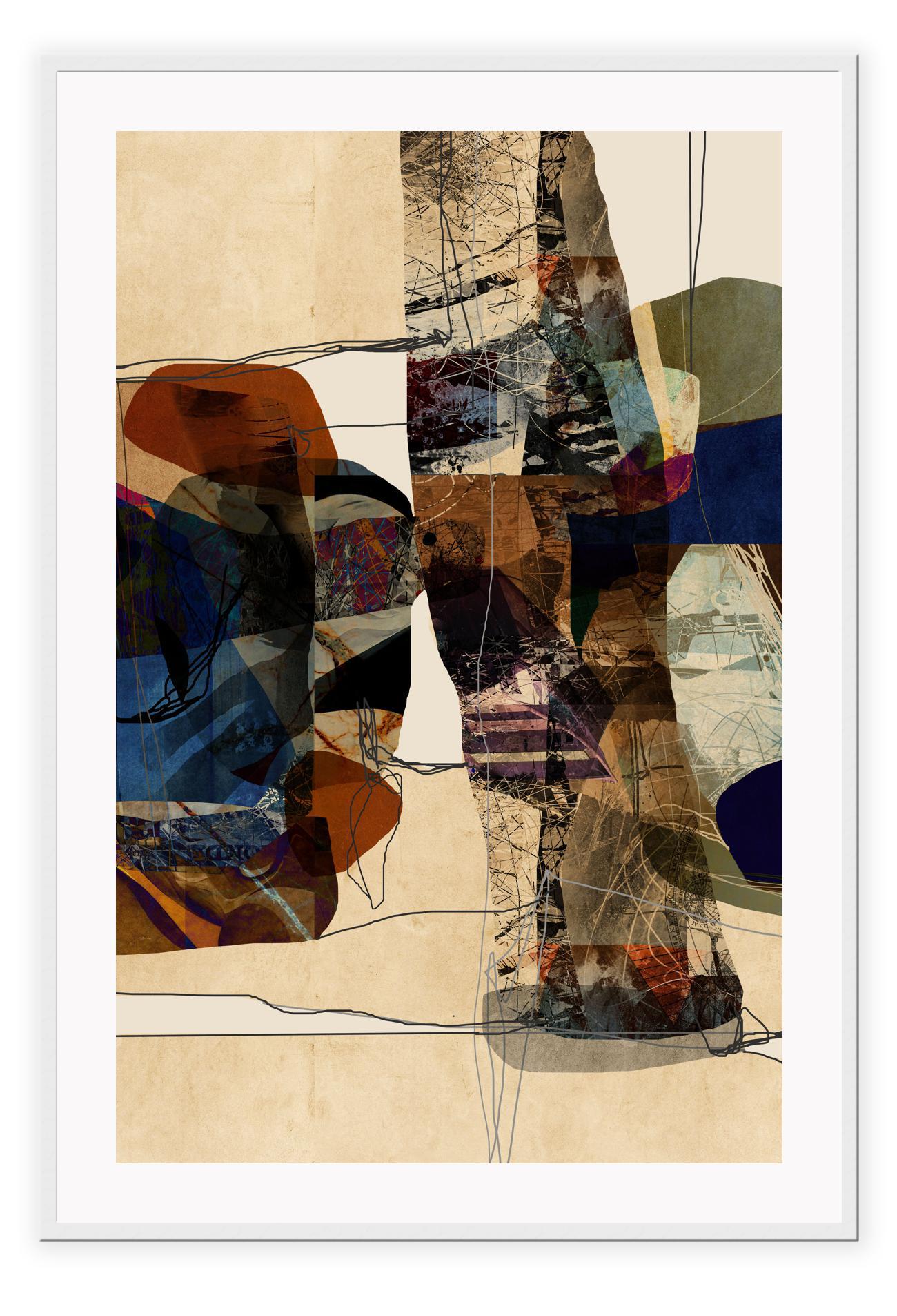 A framed abstract print featuring geometric shapes in a multicolor palette primarily in shades of blue and brown.