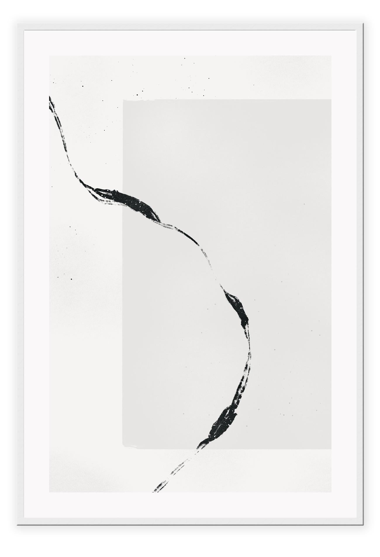 Abstract minimal style art print featuring a grey rectange and black paint stroke overlapping on a white background.