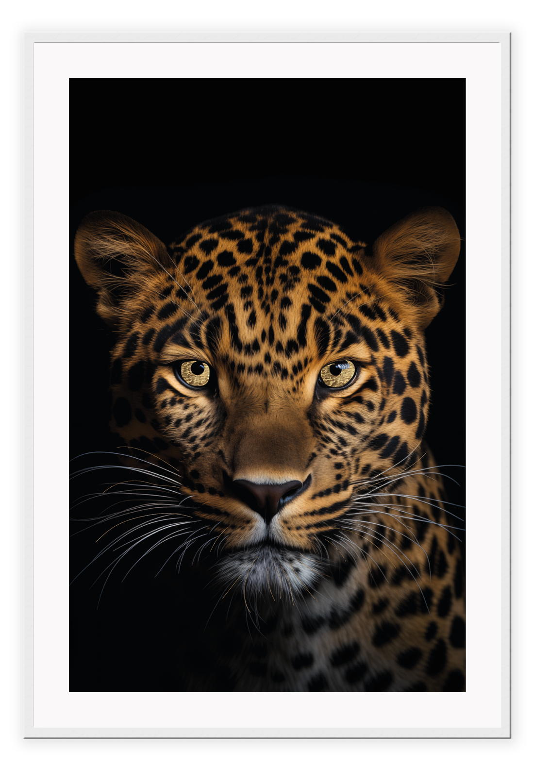 A framed print of a jaguar with a high quality custom matte black frame