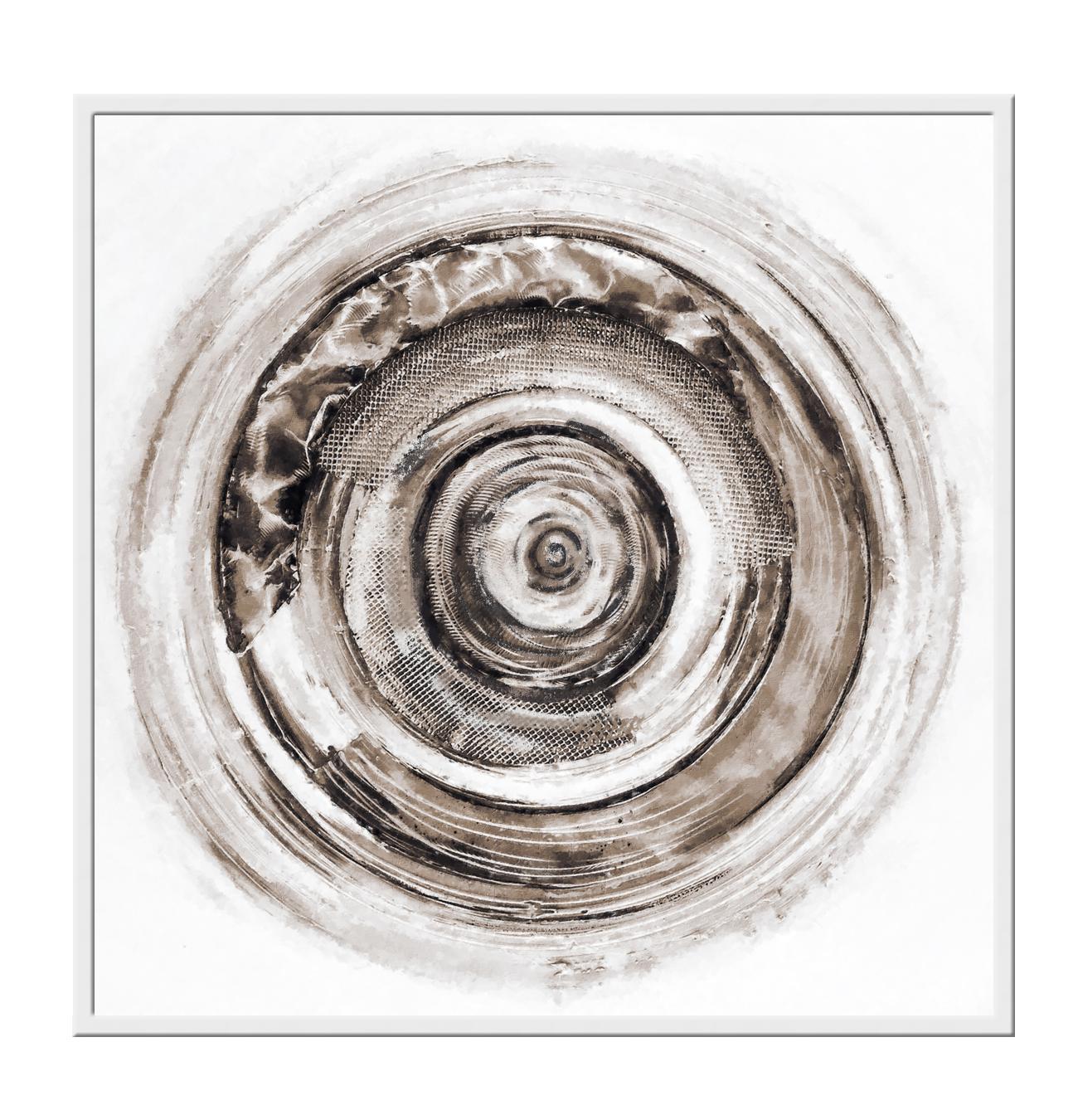 Abstract print with different sized circles in various textures and brown and black tones forming a swirl on white background